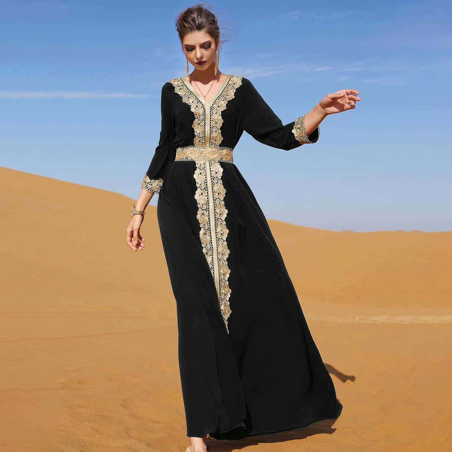 OBEEII Women's Moroccan Muslim Abaya Dress Elegant Floral Embroidery Kaftan Maxi Dress Islamic Dubai Ramadan Prayer Clothes - Image 2