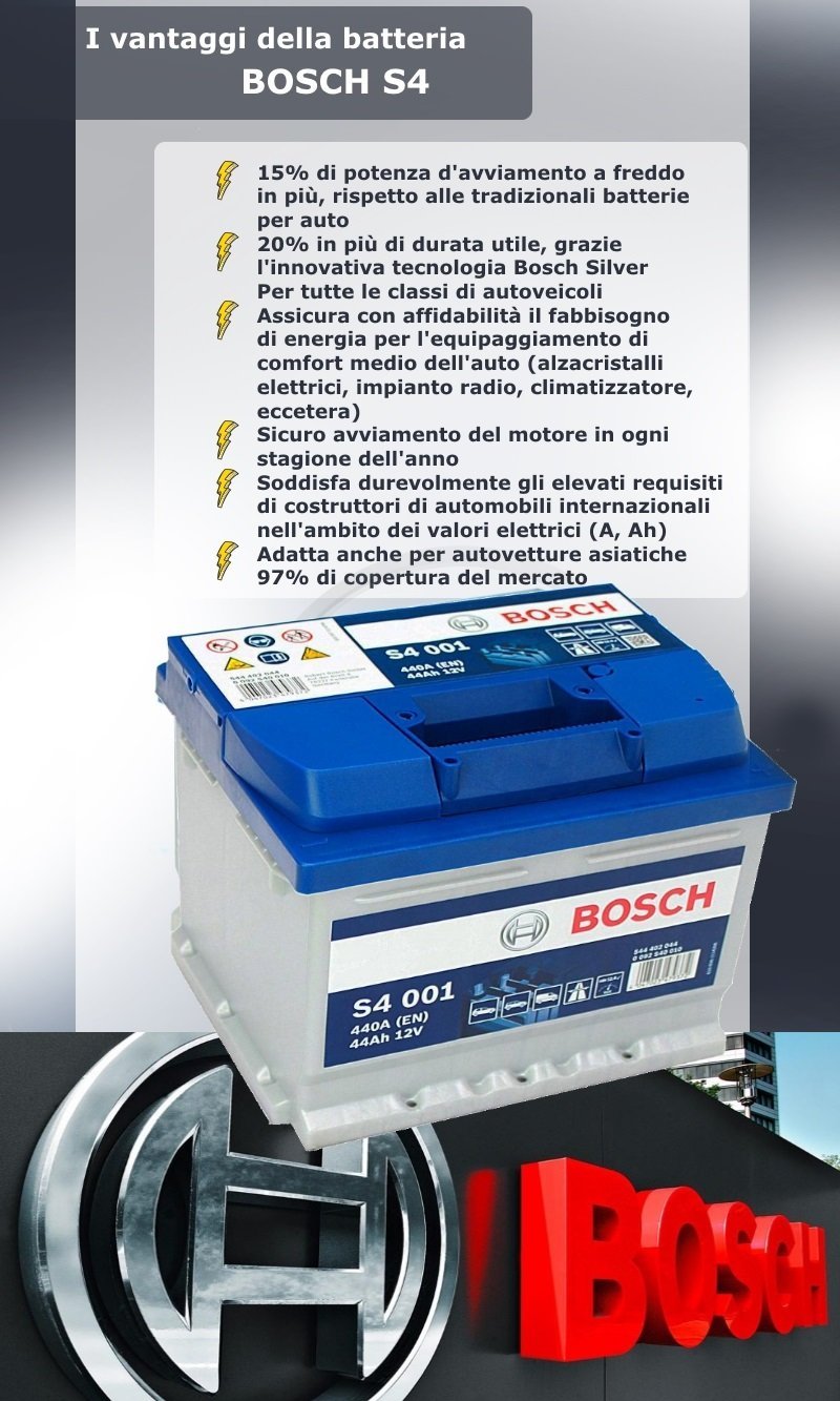 BATTERIA DI AVVIAMENTO PER AUTO S4 BOSCH 44Ah 12 V 440 A NUOVA