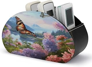 Butterfly Garden PU Leather Remote Control Holder,Remote Caddy Multifunctional Storage with 5 Compartments, Desktop Organizer for TV Remotes,Glasses,Pens,Accessories