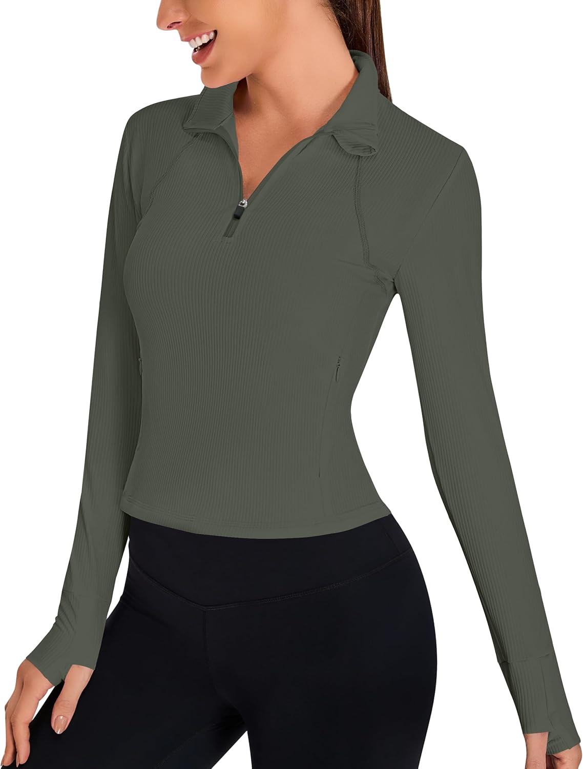 BMJL Womens Workout Tops Long Sleeve Golf Shirts UPF 50 Ribbed Light Jackets Quarter Zip Pullover Three Pockets