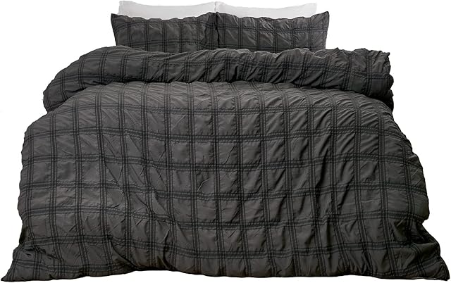 Sienna Check Seersucker Duvet Cover with Pillow Case Easy Care Soft Quilt Pleated Bedding Set, Charcoal Grey - Single