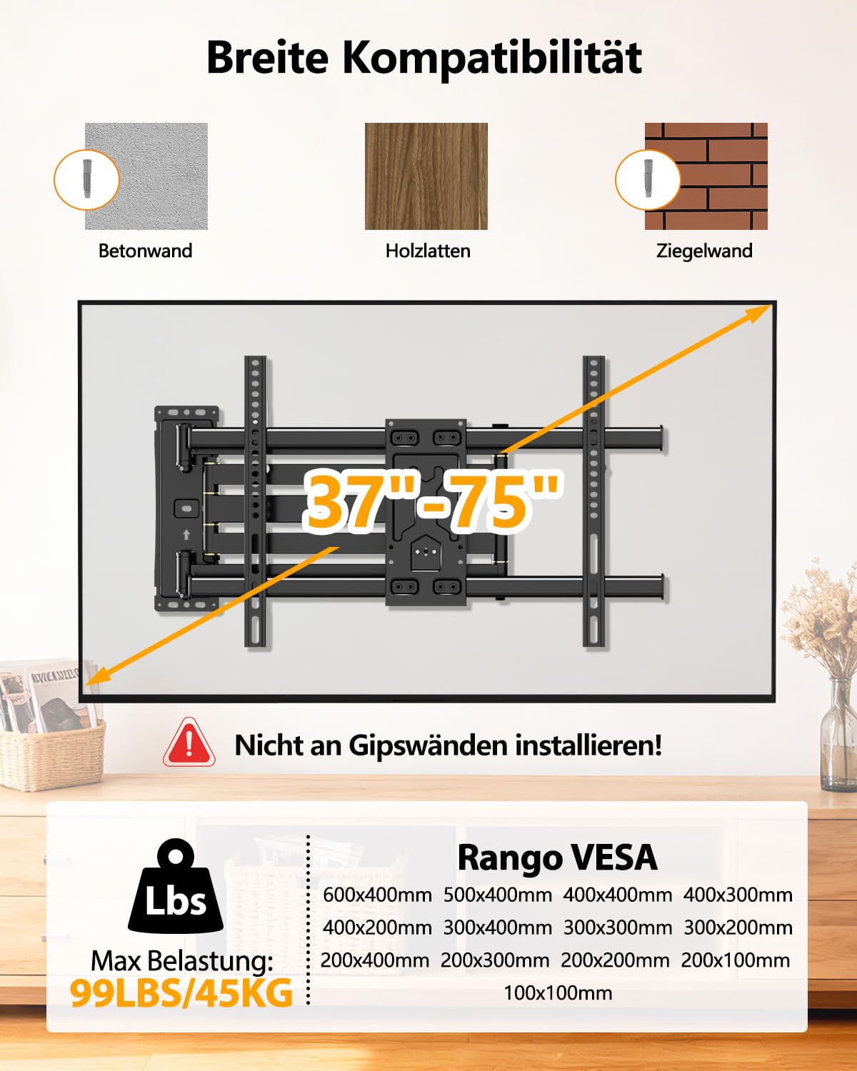 FORGING MOUNT TV Wandhalterung mit 1015mm Extra langem arm 37-75 Zoll TVs, Fernseher Halterung 180°drehbar,Neigbar,Vollbewegliche TV Halterung, MAX VESA 600 x400mm up to 45KG