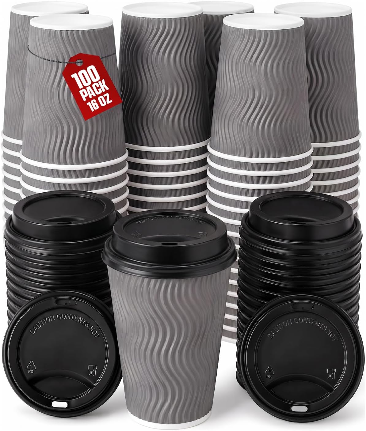 100 Pack 16 oz Insulated Coffee Cups with Lids, Coffee To Go Cups (Gray)