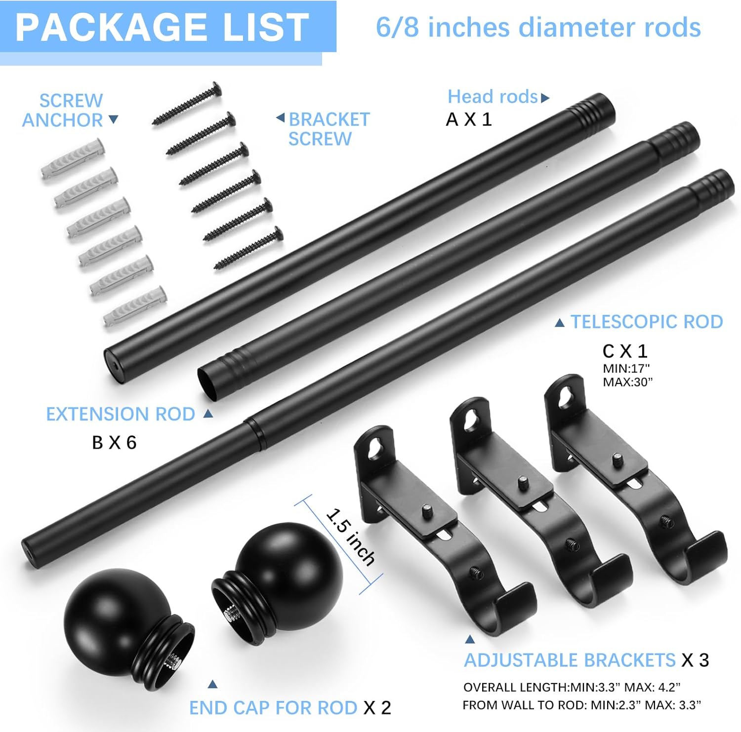 Curtain Rods for Windows 16 to 120 Inches, Curtain Rod Max Adjustable Length of 132 IN, 6/8" Diameter Drapery Rods Round Finials, Black, Pack of 1