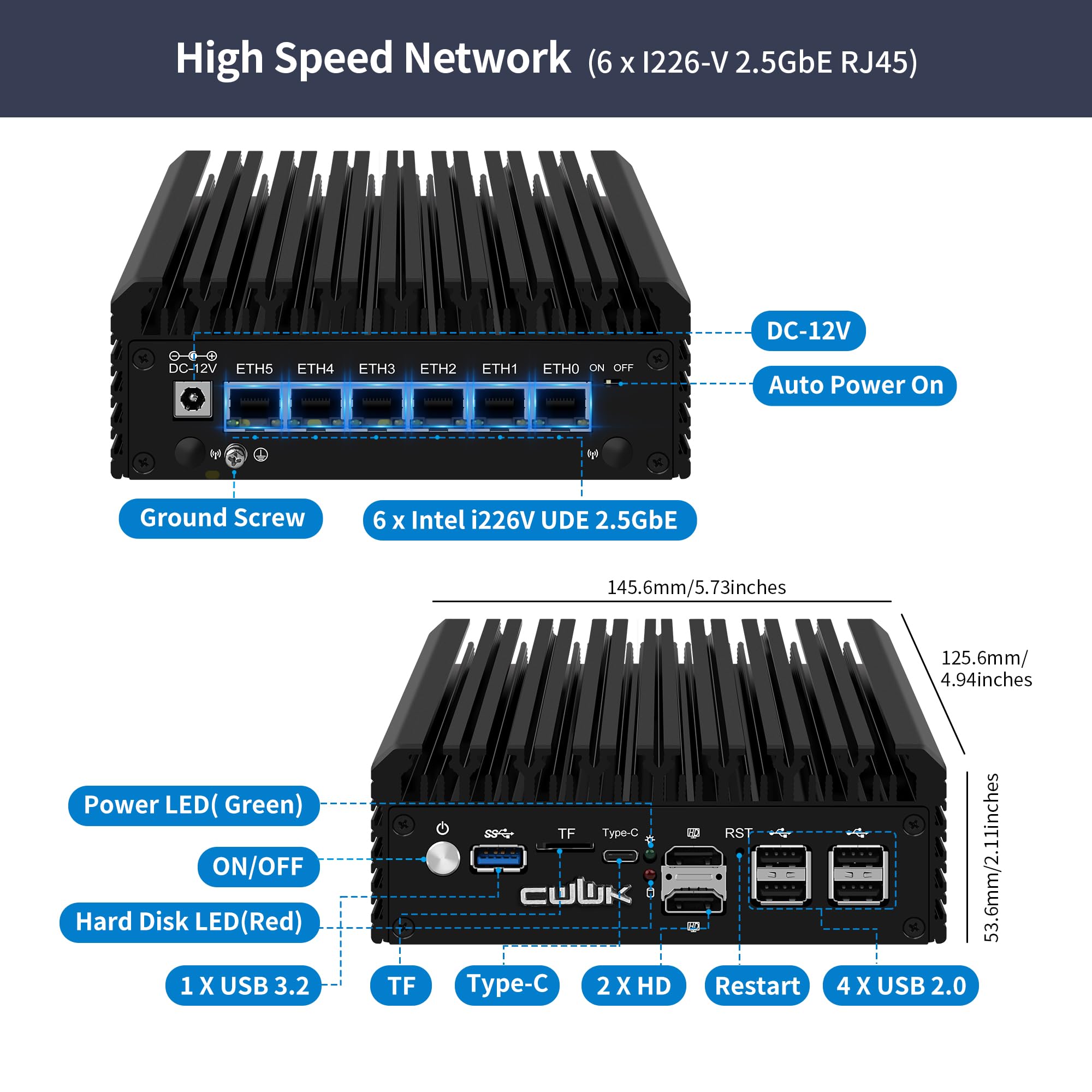 CWWK Mini PC N150 (Upgraded N100) Firewall Appliance, 6 Port i226-V 2.5GbE LAN OPNsense Mini Computer, F7 Fanless Micro PC NO RAM/SSD/OS, USB Type-C, 3-Display, TF, 2-NVMe, AES-NI