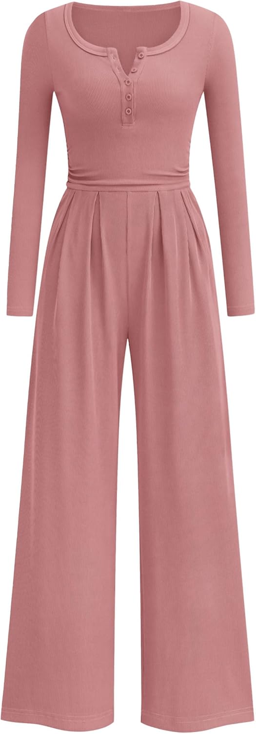 PRETTYGARDEN Jumpsuits for Women Dressy Casual 2026 Fall One Piece Outfits Long Sleeve Wide Leg Pants Romper Fashion Clothing