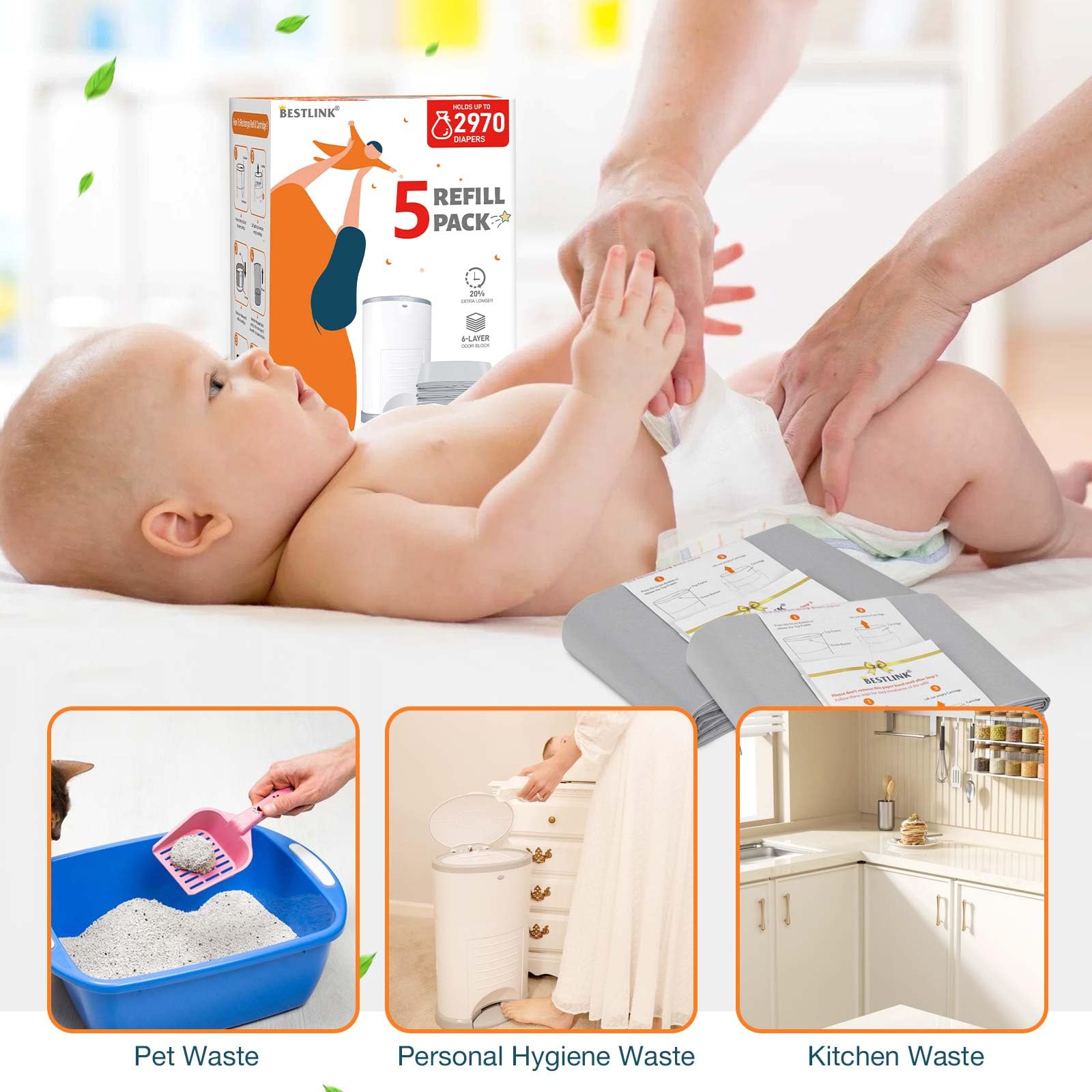 Paquete de 8 recambios compatibles con cubos de pañales DEKOR PLUS | 20% de longitud extra para bolsas de recambio para pañales 5568 pañales, máximo control de olores con aroma a bebé