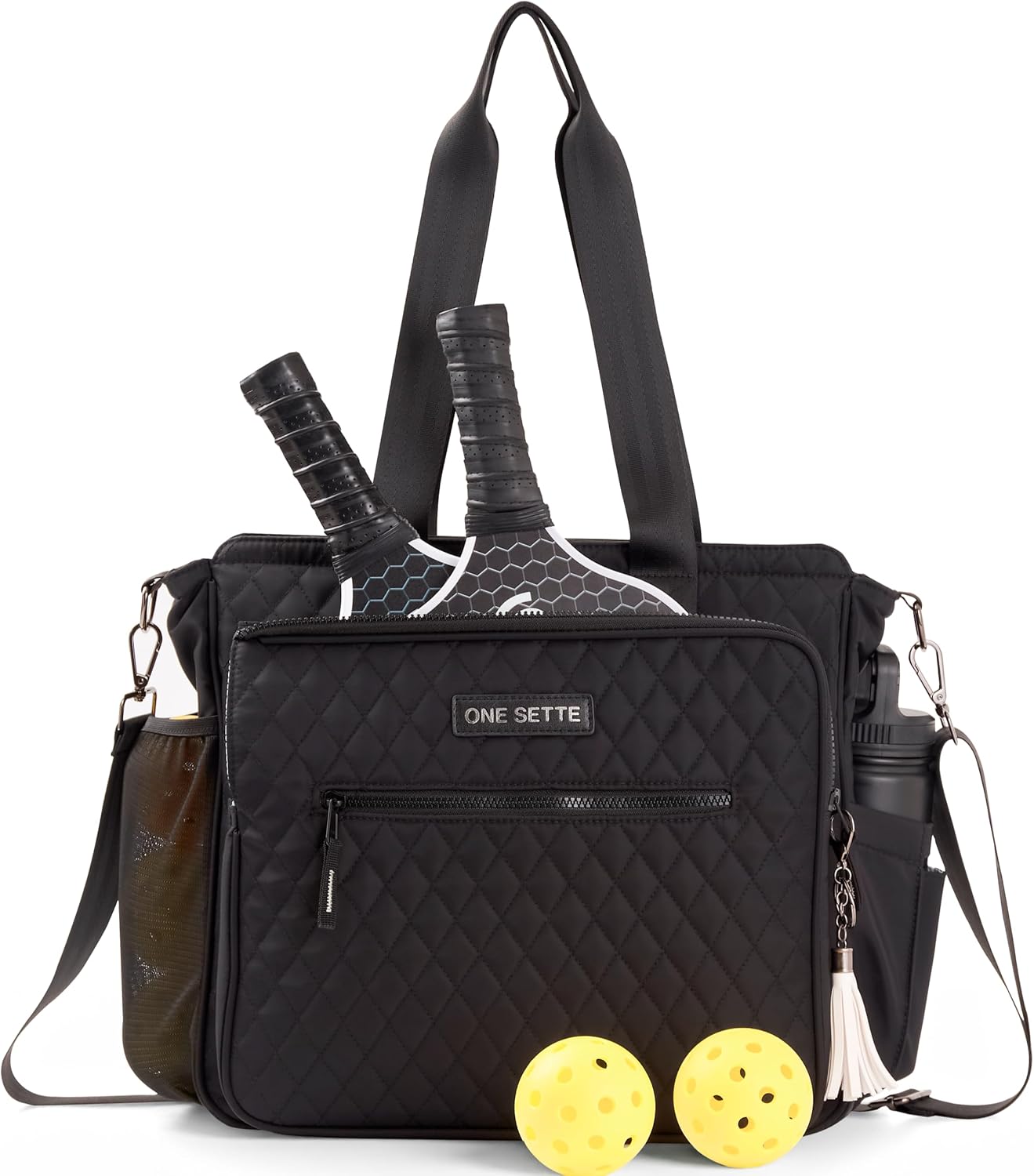 Pickleball Tote Bag for Women Gifts – Large Capacity Quilted Black – Lightweight with Shoulder Strap & Fence Hook – Fits 2 Pickleball Paddles, 1 Paddle Racket, 3 Pickleballs - Sports Purse