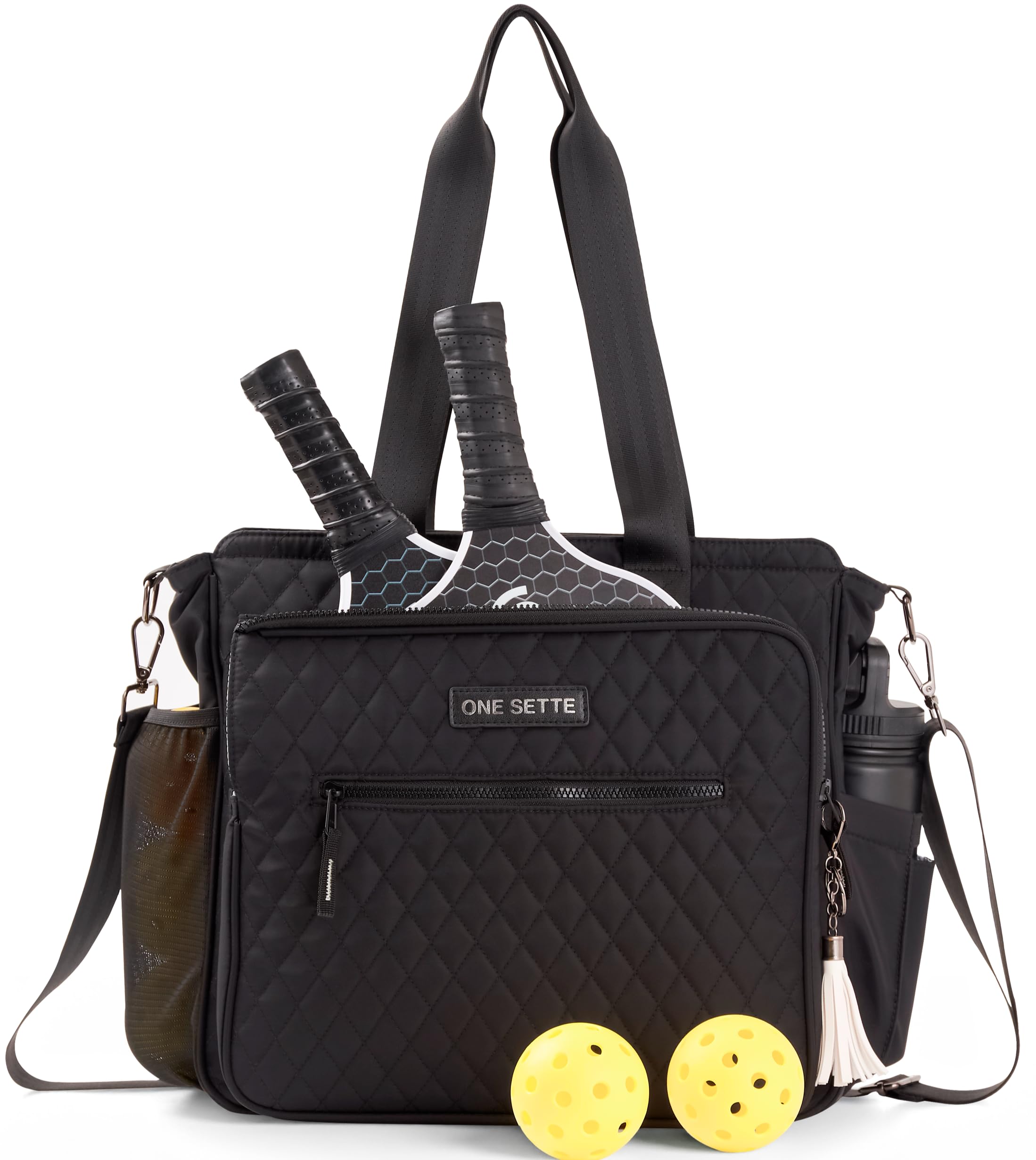 One Sette Pickleball Tote Bag for Women Gifts – Large Capacity Quilted Black – Lightweight with Shoulder Strap & Fence Hook – Fits 2 Pickleball