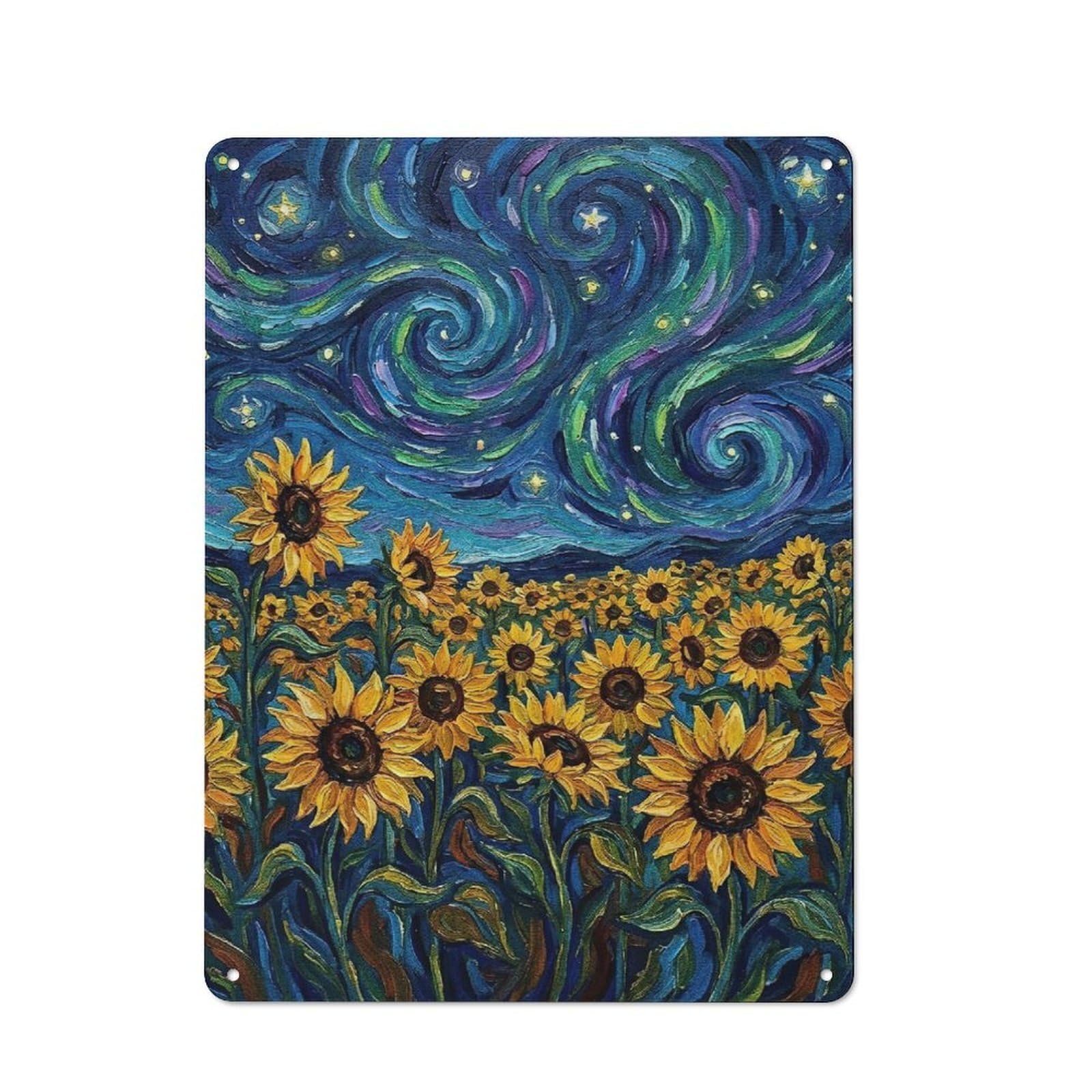 Junmoney Style-12 Tin Wall Sign With Sunflower Field Under Swirling Night Sky Design 40X30cm, Cosy Cafe Wall Decor For Kitchen, Cafe, Pantry Or Dining Room