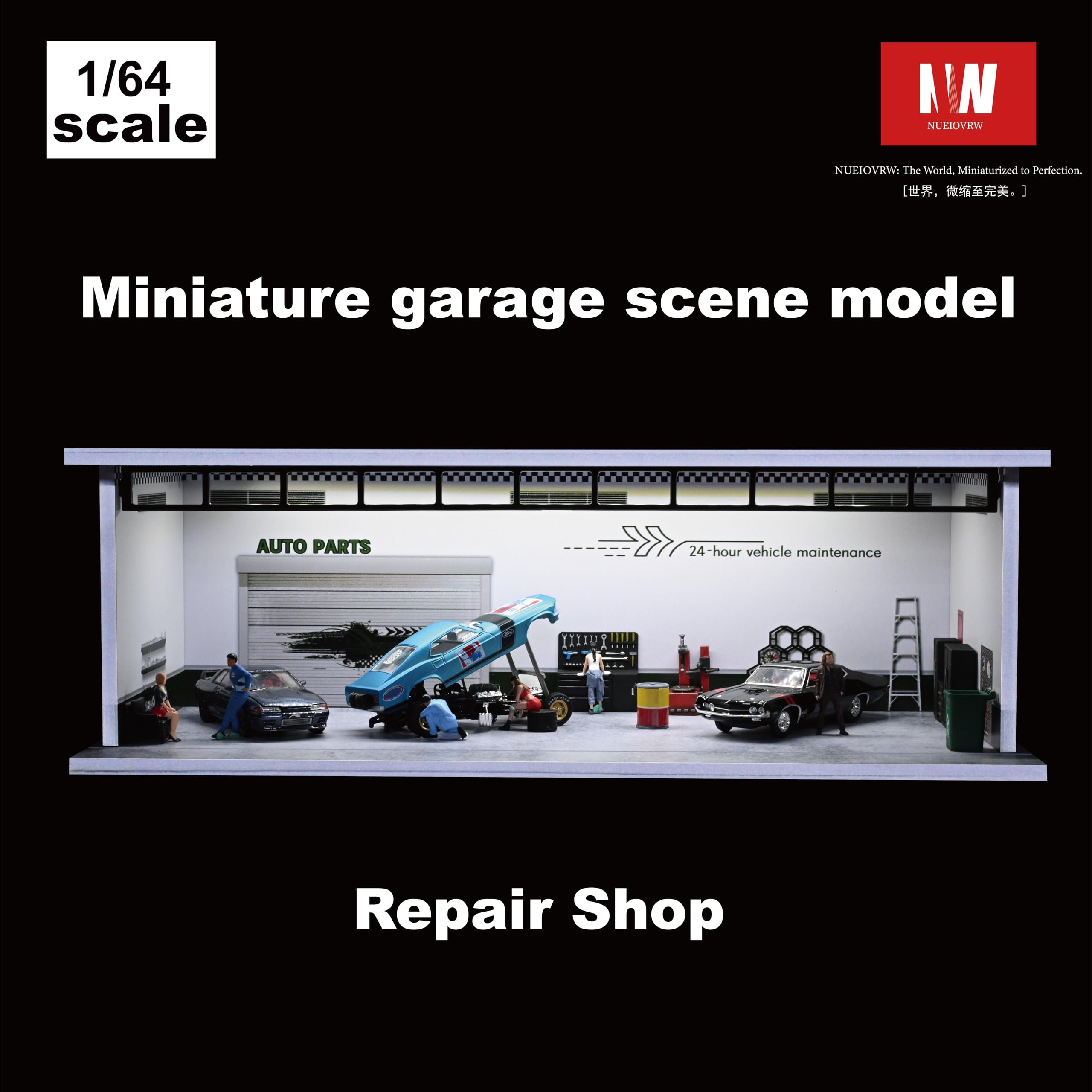 Modèle de garage diorama 1/64, avec éclairage LED, ville, salle d'exposition, scène de parking, échelle 1/64, boîtier d'affichage de garage pour modèle de scène de voiture, jouet idéal (Repair Shop)