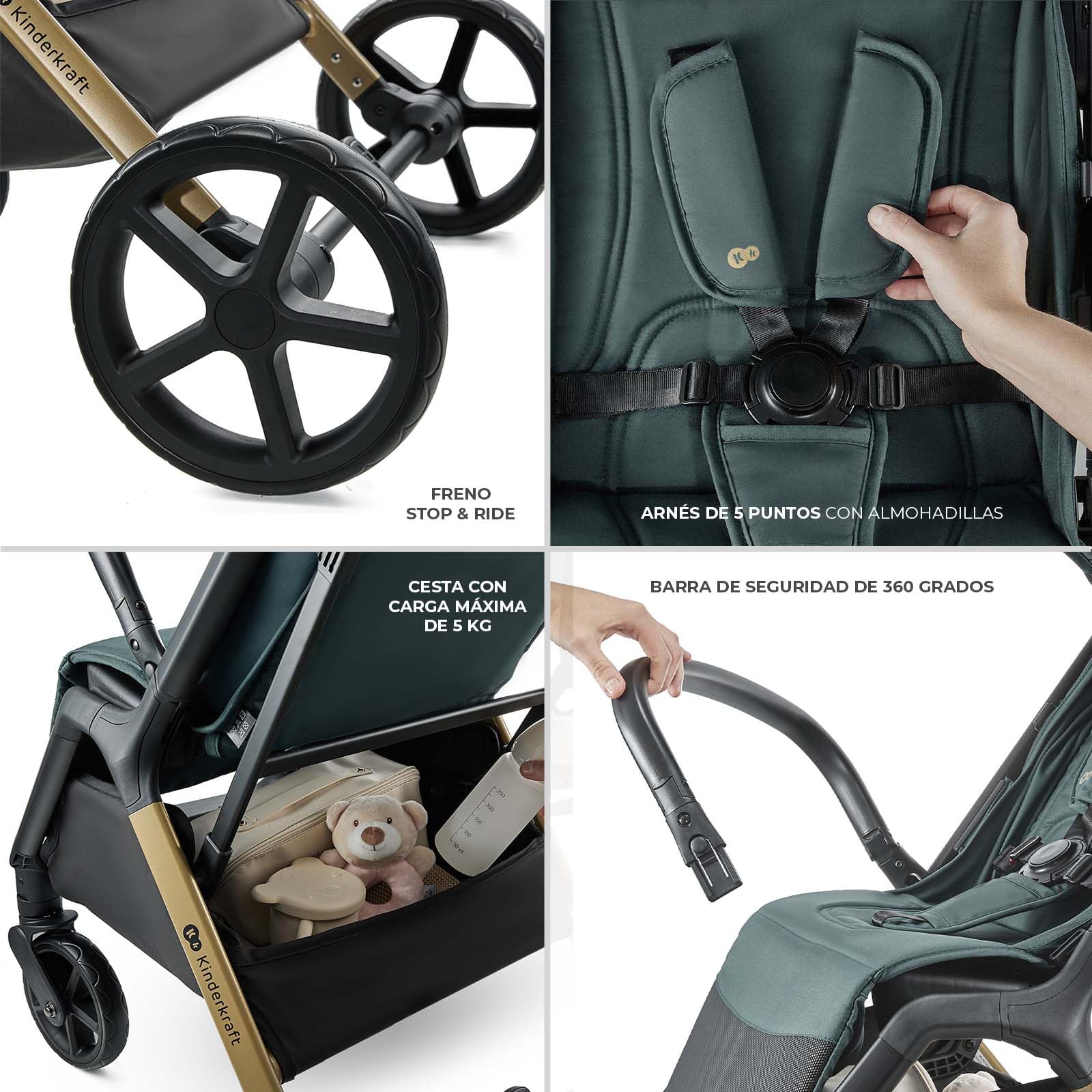 Kinderkraft LOOM Silla de paseo compacta y ligera, plegado automático, grandes ruedas antipinchazos, respaldo reclinable, desde el nacimiento hasta 22 kg, Verde