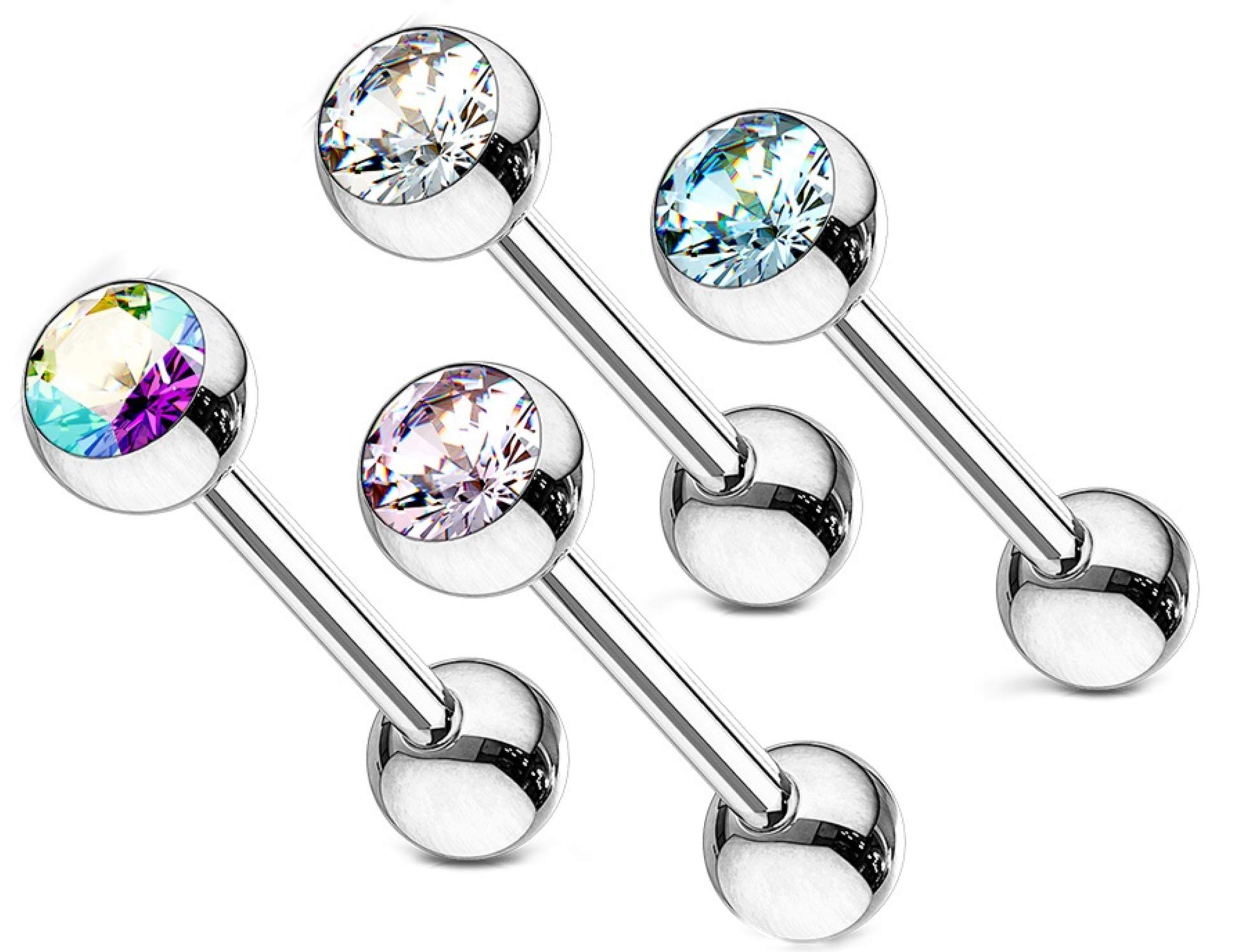 Body AccentzTongue Ring 316L Surgical 4 Pcs Value Pack of Assorted 316L Surgical Steel Barbell with Gem Ball 14 Gauge 5/8" 6mm