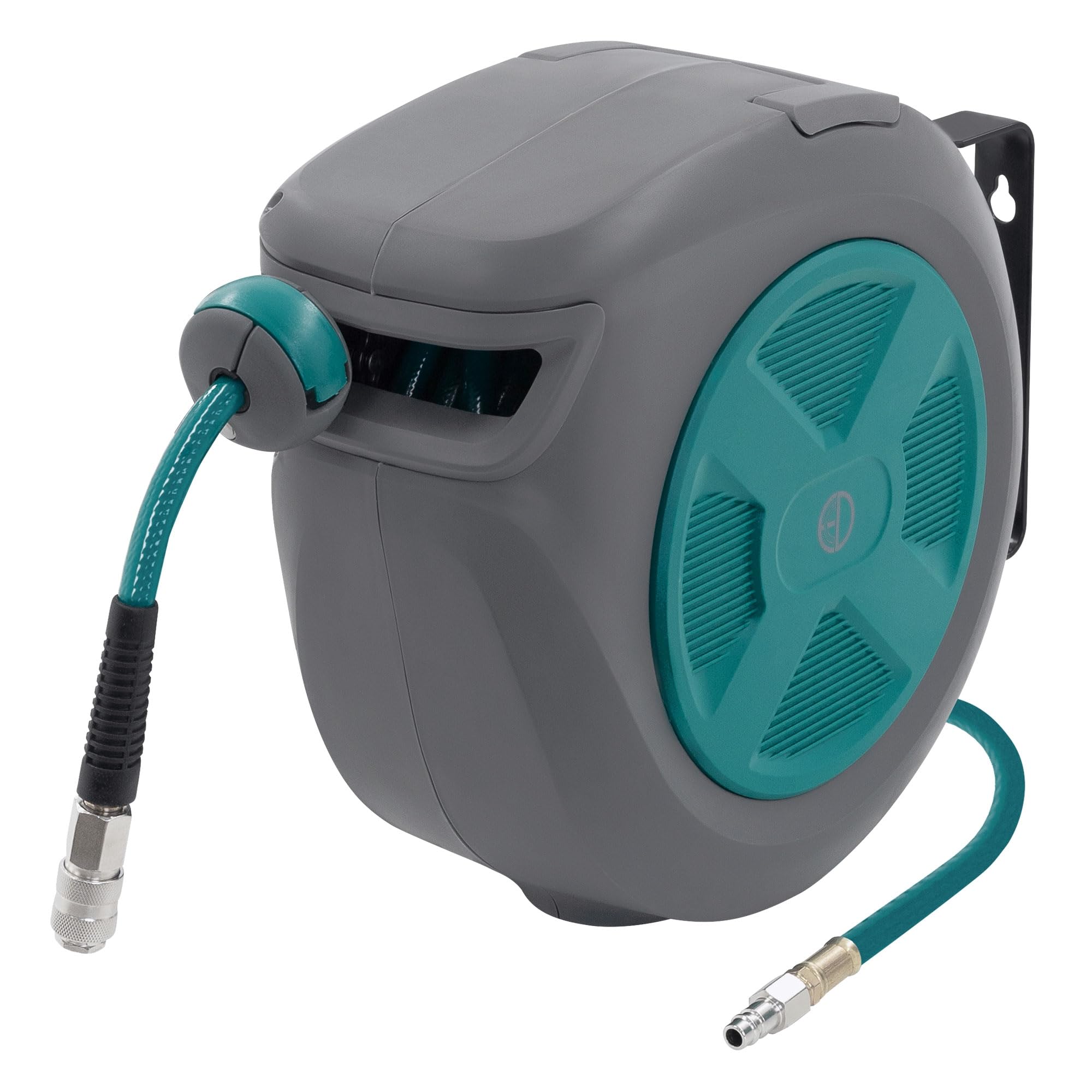 ECD Germany Carrete de Manguera de Aire Comprimido 15m + 1,5m Enrollador de Recogida Automática Conexión de 1/4" máx. 15 bar, Giratorio 180°, Ø12mm Portamangueras de Jardín con Kit de Montaje en Pared