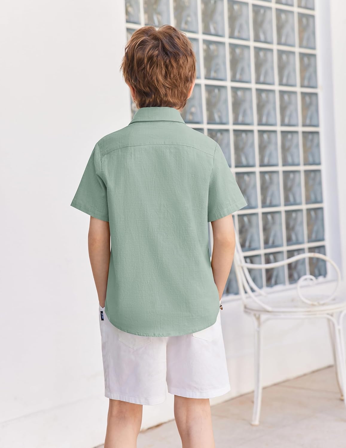 Arshiner Boys Short Sleeve Button Down Shirt Cotton Woven Casual Shirts with 2 Pockets for Kids 4-12 Years - Image 4