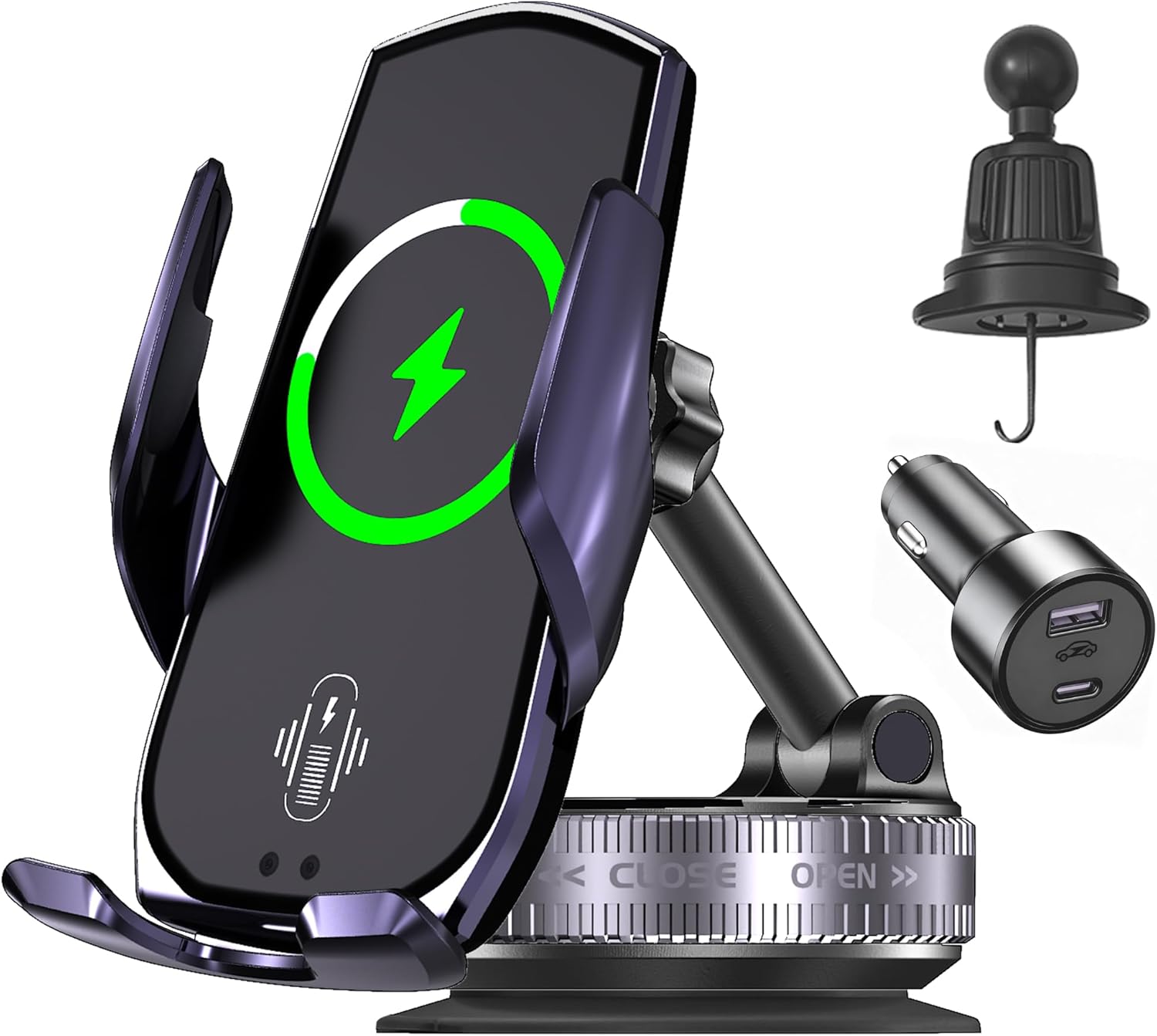 15W Wireless Fast Car Charger, Auto-Clamping Car Phone Holder with Rotating Vacuum Suction, Smart Sensor, 360° Adjustable Dashboard & Windshield Mount for iPhone & Samsung (Dark Purple)