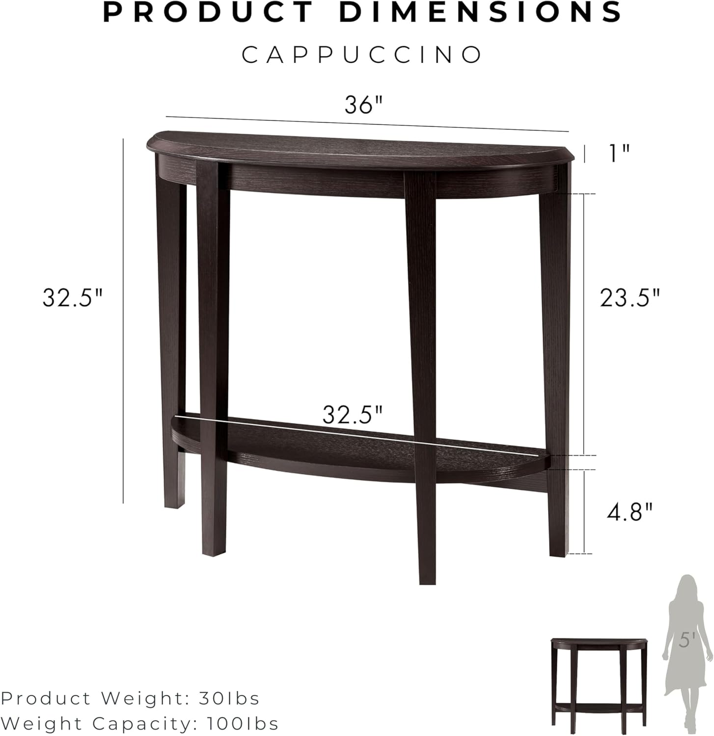 Homes: Inside + Out Payne Modern Half Moon Accent Console Table with Storage Shelf, Decorative Entryway Furniture for Living Room, Hallway, Entrance, Small Spaces, Cappuccino