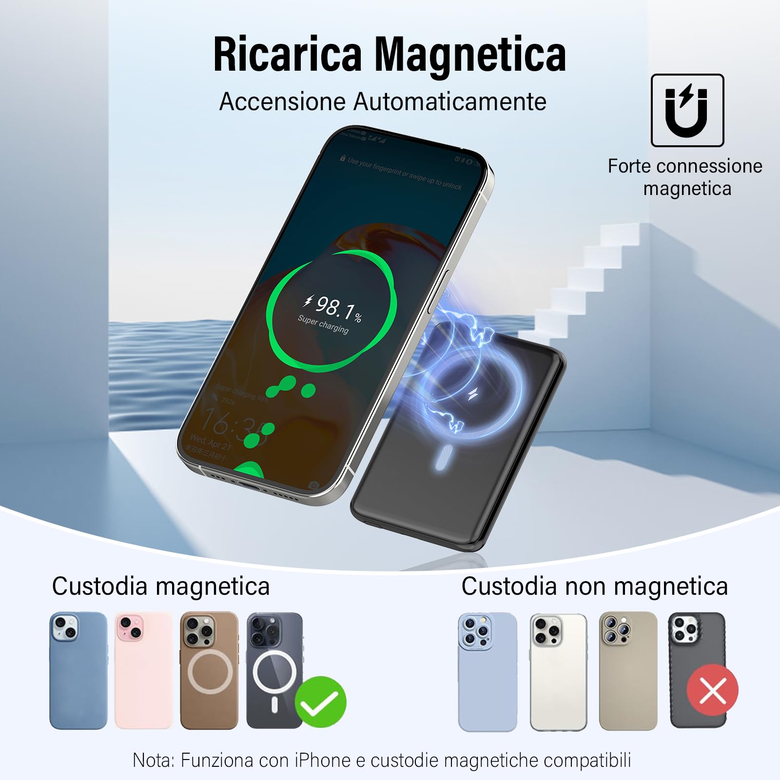 Magsafe Power Bank 5000mAh, Caricatore Portatile Magnetico, Slim PD 20W Ricarica Rapida Wireless PowerBank, USB-C Battery Pack cavo di Ricarica con Cordino per iPhone 16/15/14/13/12/Pro/Pro/Max