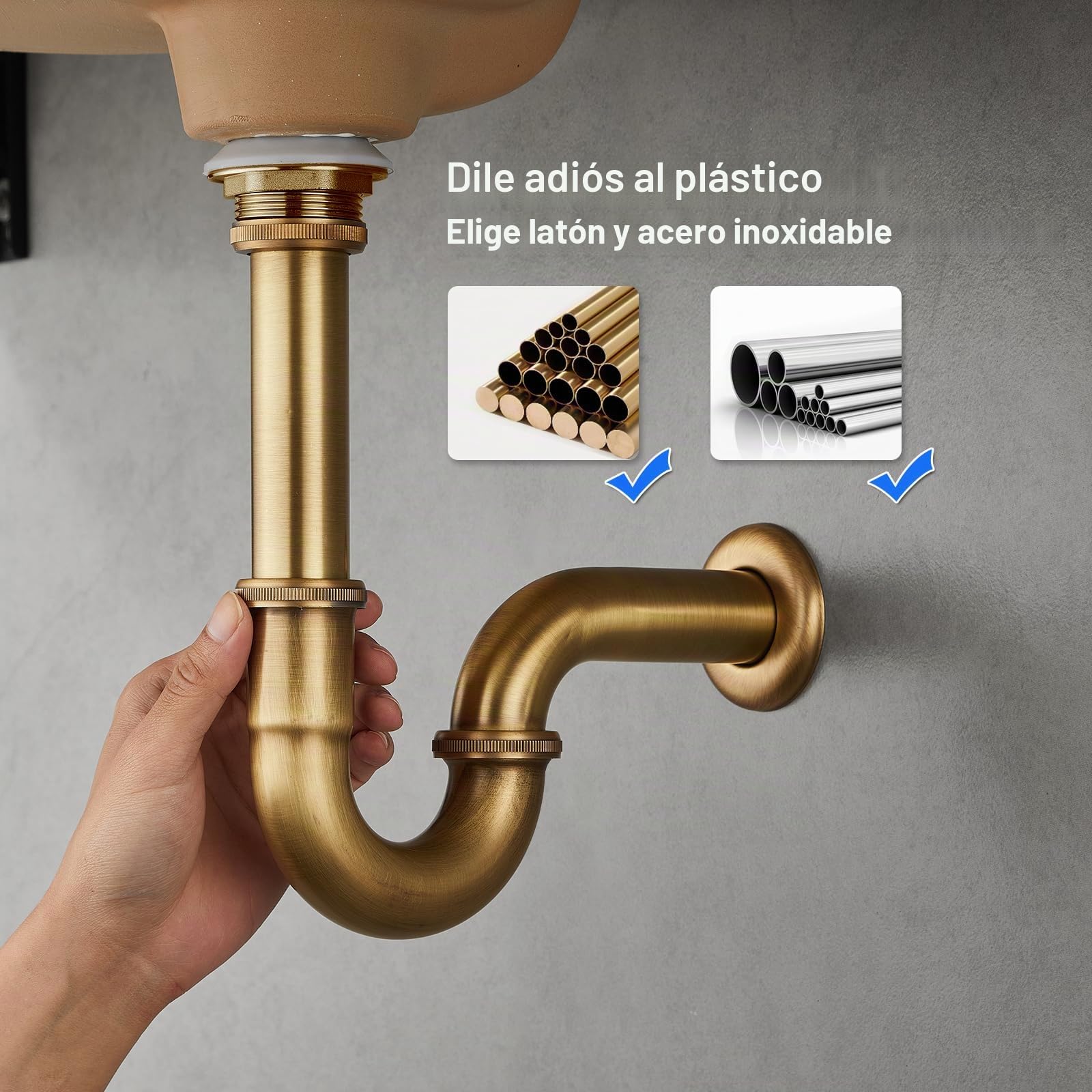Trampa en P de acero inoxidable y latón con ranuras, 1 1/4 pulgadas x 32 mm, universal para fregadero de baño y lavabo con desbordamiento, trampa de olores ajustable en altura, acabado
