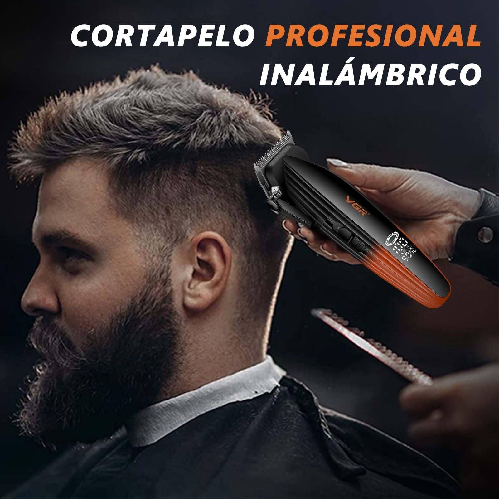 VGR 889C Maquina de Cortar Pelo Hombre Profesional, Función Turbo, Naranja | Máquina de Cortar Pelo Inalámbrica con Base, Cortapelos Ajustable Profesional Para Degradados con , Pantalla LED, Carga USB