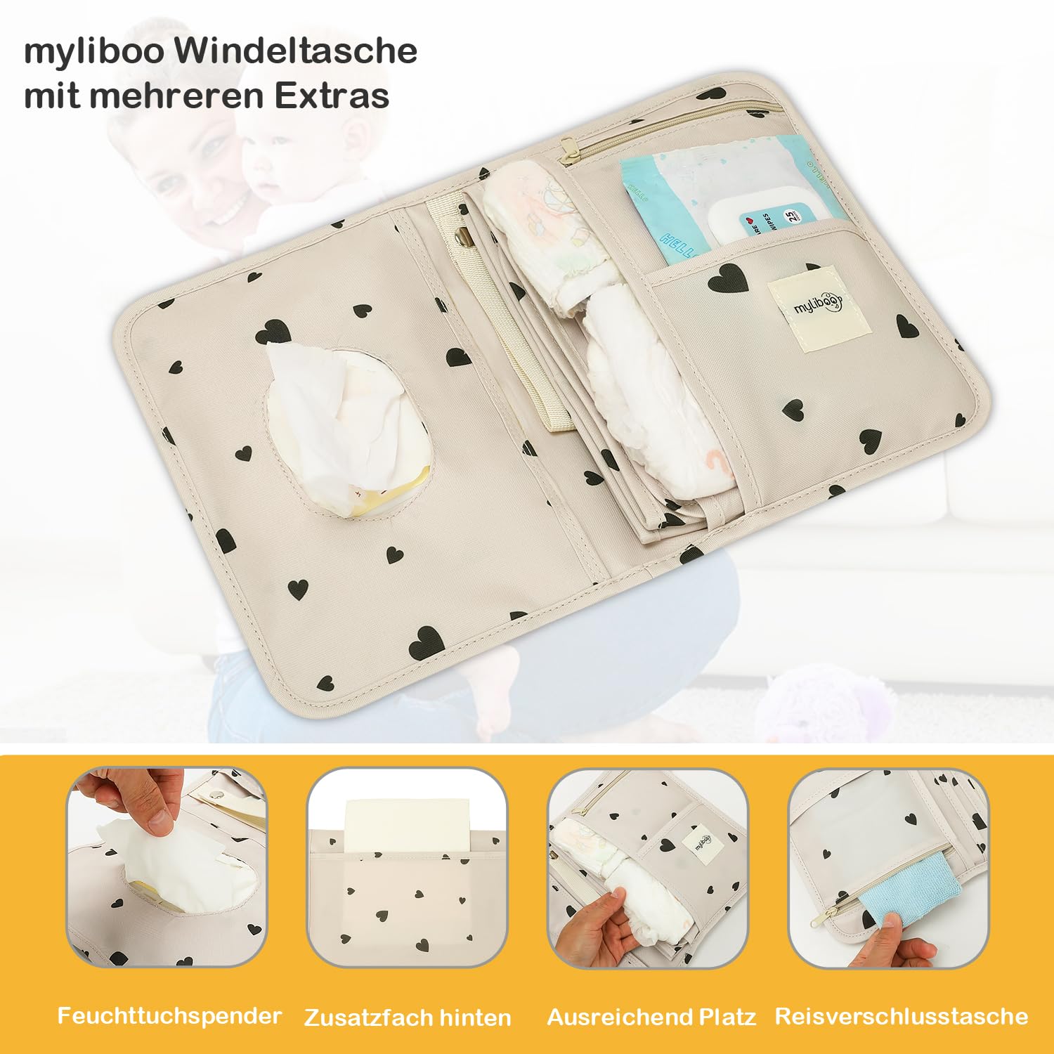 Baby Windeltasche mit Wickelunterlage für Unterwegs, Wickeltasche Organizer,Baby Must Have, Praktisch, Stilvoll, Abwaschbar, Wasserabweisend, Hygienisch, für unterwegs