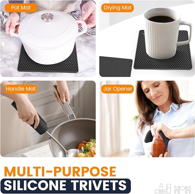 Silicone Trivet Mats 4 Heat Resistant Pot Holders Multipurpose Non-Slip Hot Pads for Kitchen Potholders, Drying mat, Jar Opener, Spoon Holder, Coaster(Black)