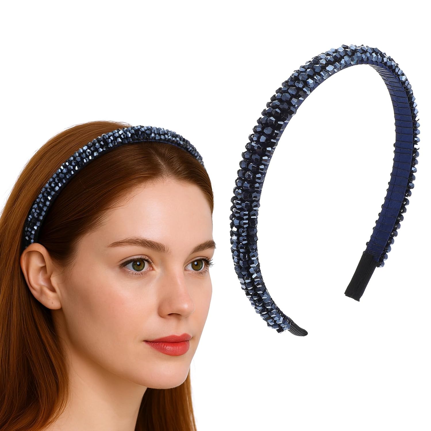 Sparkly Crystal Rhinestone Headbands, 4 Rows Navy Crystal Diamond Beaded Hair Hoop Fashion Non Slip hairbands Bling Cute for Women Wedding Holiday Party