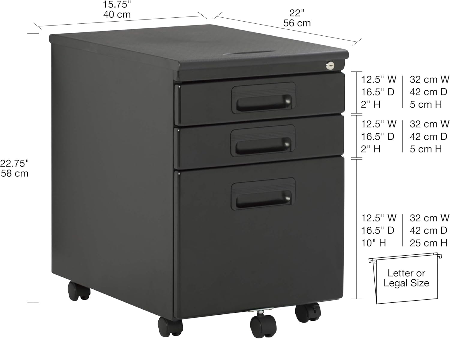 3 Drawer Metal Rolling File Cabinet with Locking Drawers : Office Products