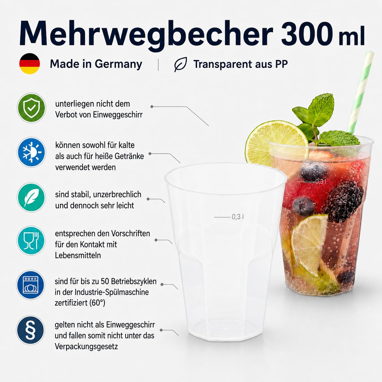 450 Cocktailbecher 300ml Made in Germany | wiederverwendbare Getränkebecher mit Eichstrich | bruchsicher | spülmaschinenfest | transparente Trinkbecher 0,3l | Partybecher