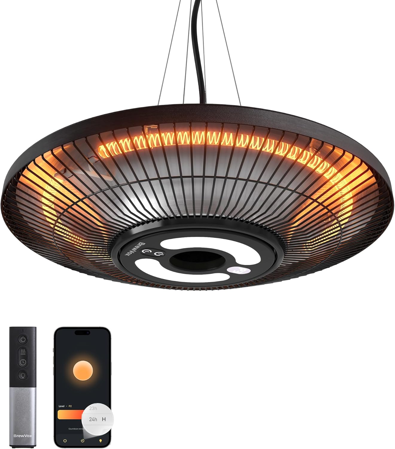 BrewVox 1500W Carbon Infrared Outdoor Patio Hanging Heater with remote and smartphone app interface