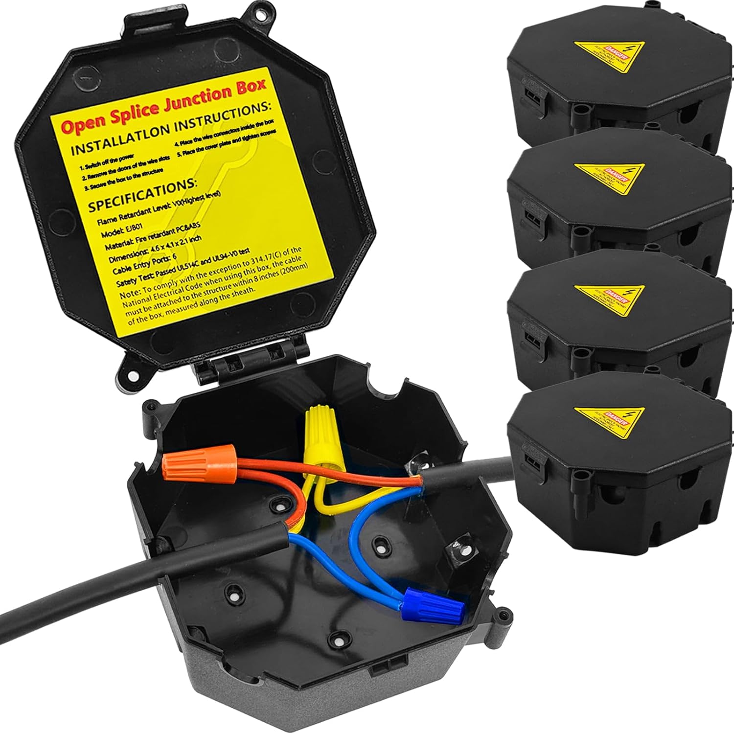 Black Open Splice Junction Box (4 Pack), Electrical Splice Box Wire Junction Box with Cover V0 Flame Retardant Rating(Highest Level)