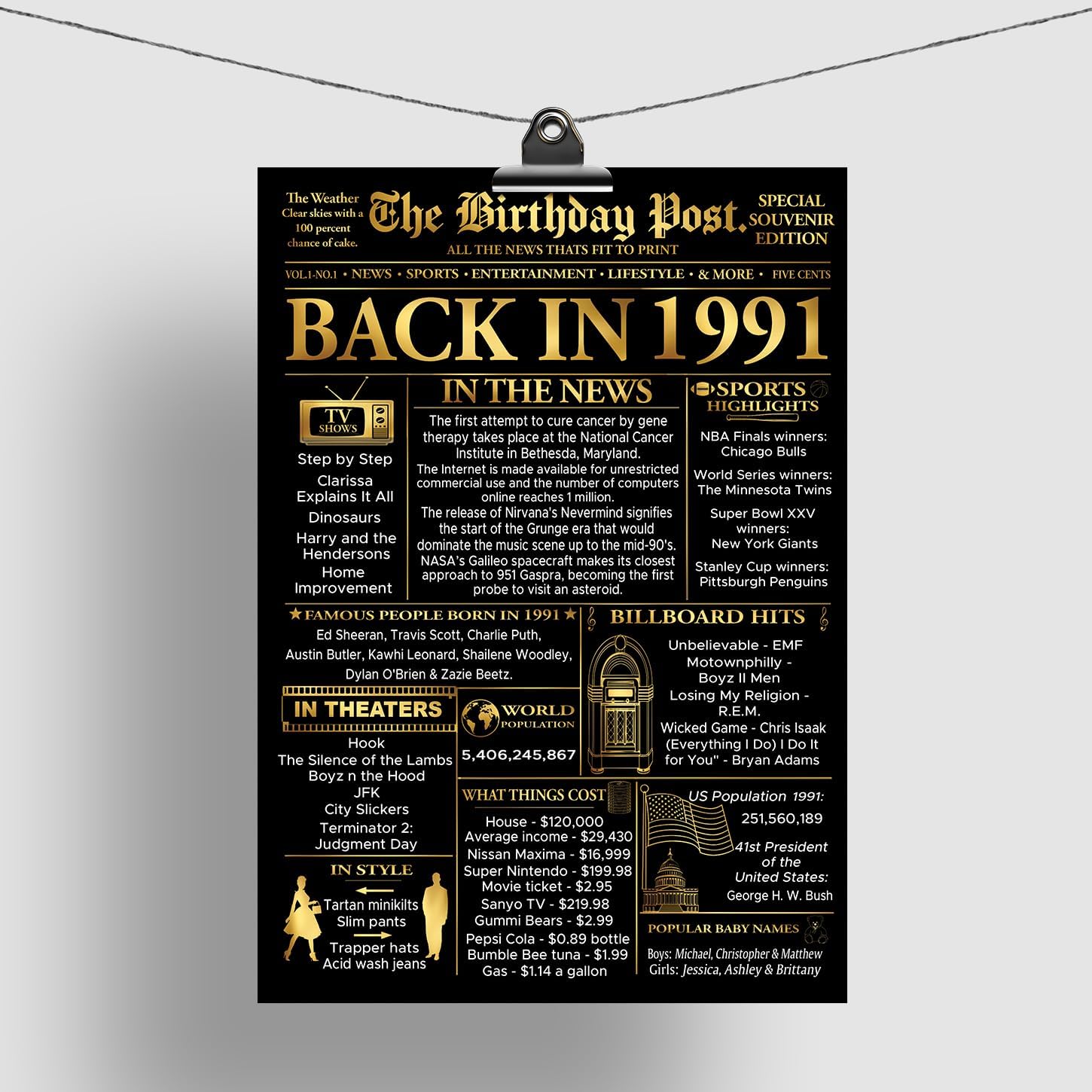 Stuff4 Gold 35th Birthday Poster Unframed - Golden Born In 1991 Newspaper - Happy 35 Birthday for Men Women Retro Vintage Gifts Back In 1991, 8x10 Inch Bday Party Decor Decoration - Image 5