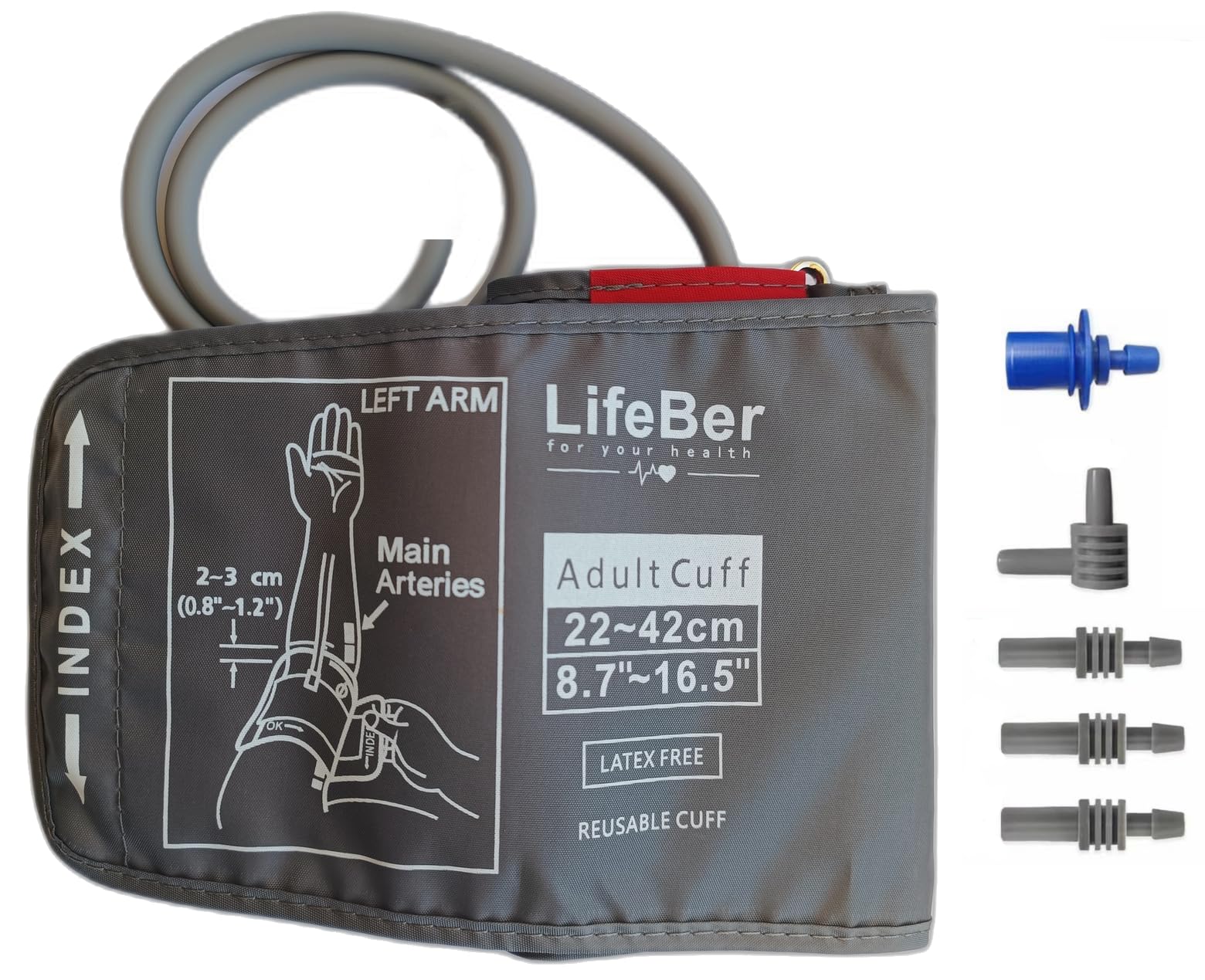 LifeBer Manguito para Tensiómetro 22–42 cm (Adulto), Universal con Kit de Conectores, Libre de Látex, Brazalete Reutilizable Premium — Compatible con la gran mayoría de monitores de presión arterial