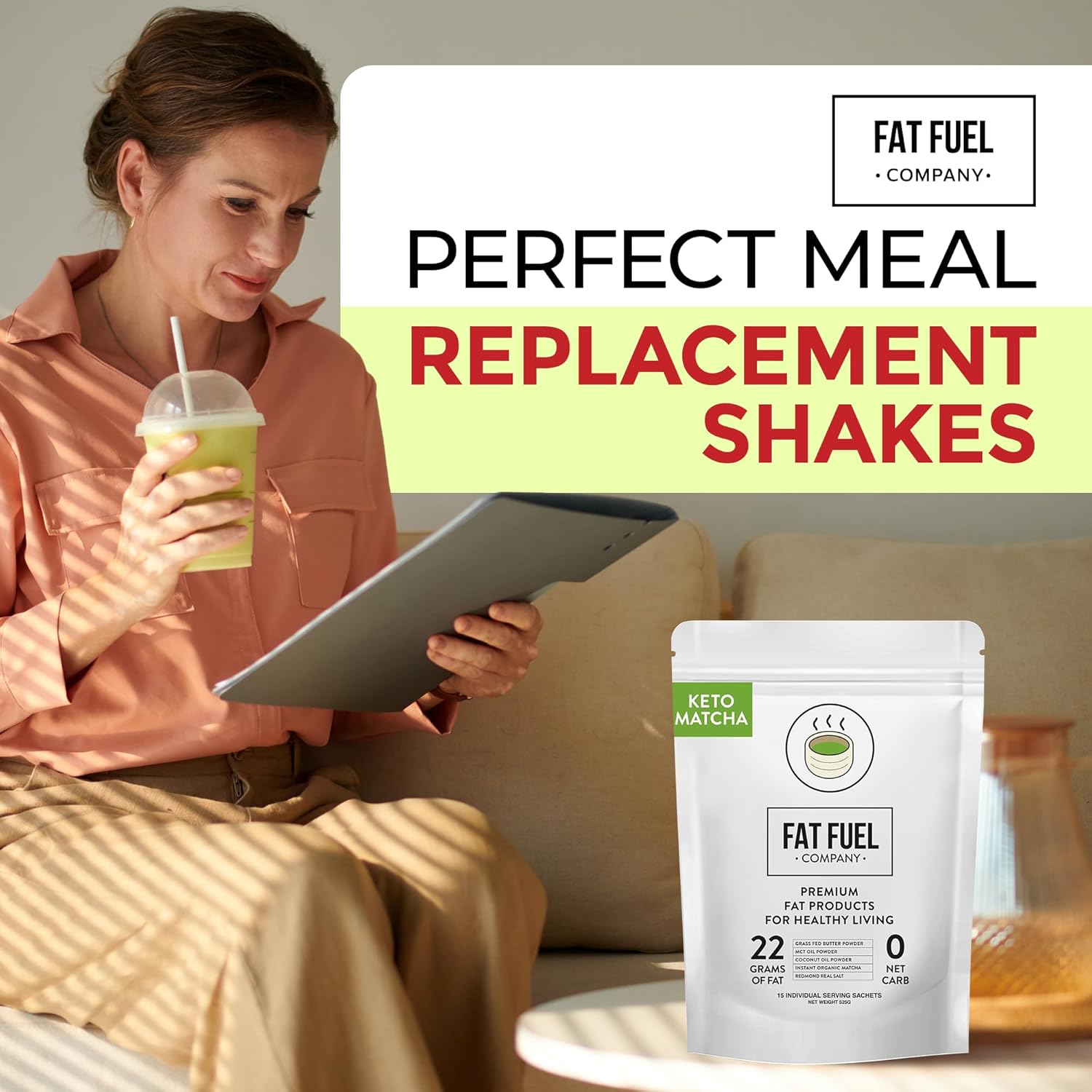 FAT FUEL Keto Matcha 22g Premium Fats - With Grass Fed Butter, MCT Oil, Coconut & Redmond Real Salt - Instant Organic Matcha, Zero Net Carb, A True Meal Replacement - 15 Servings