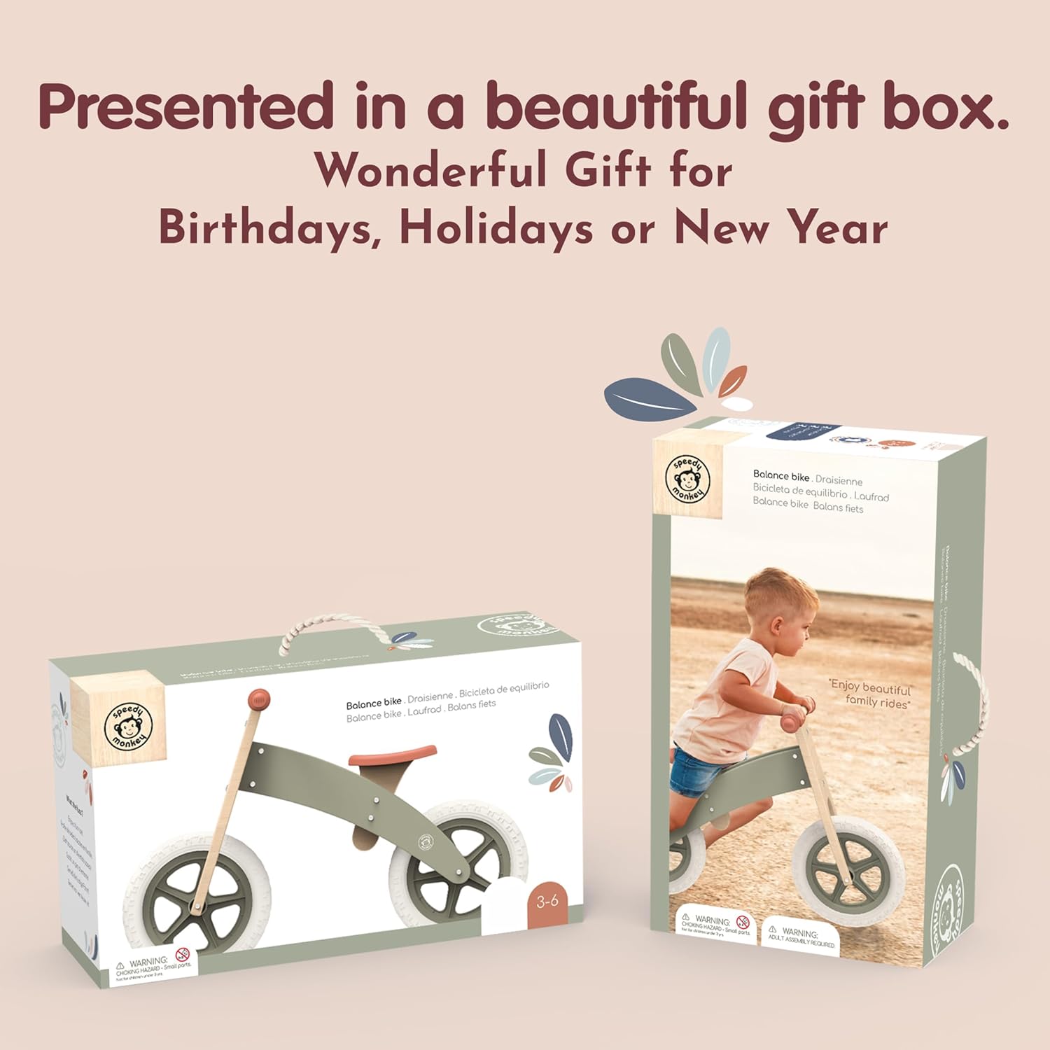 Speedy Monkey Wooden Balance Bike – Ergonomic Design with Cushioned Seat & Low Stride Frame, Safe & Comfortable for Toddlers, Develops Motor Skills & Balance, Ideal for Ages 3-6, Bike for Beginners