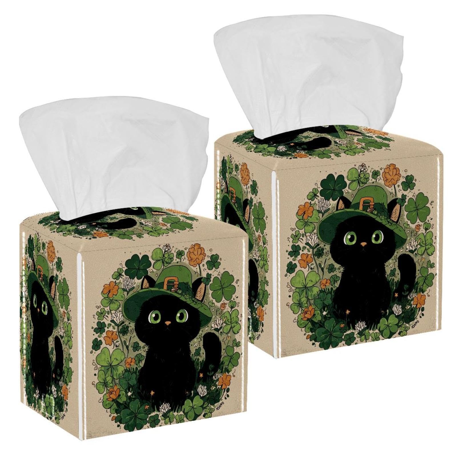 Cat and Clover Tissue Box Cover, 2 Pack PU Leather Square Facial Tissue Dispenser Box holder for Home Office Car
