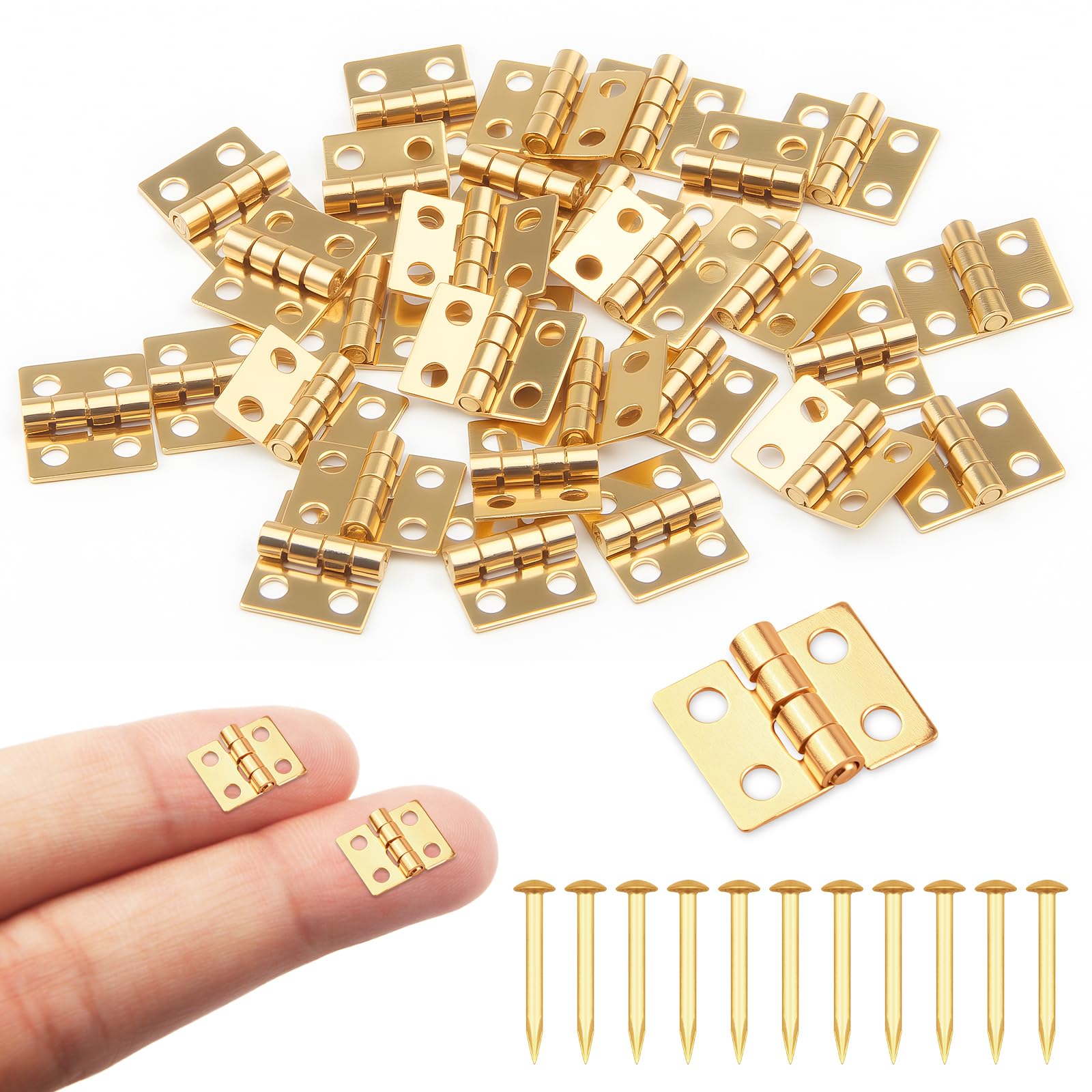 30 Gold Mini Dollhouse Hinges + 120 Nails, 180° Copper Hinges for Miniature Furniture, Jewelry Boxes and Cabinets - 0.31" x 0.39" DIY Accessories