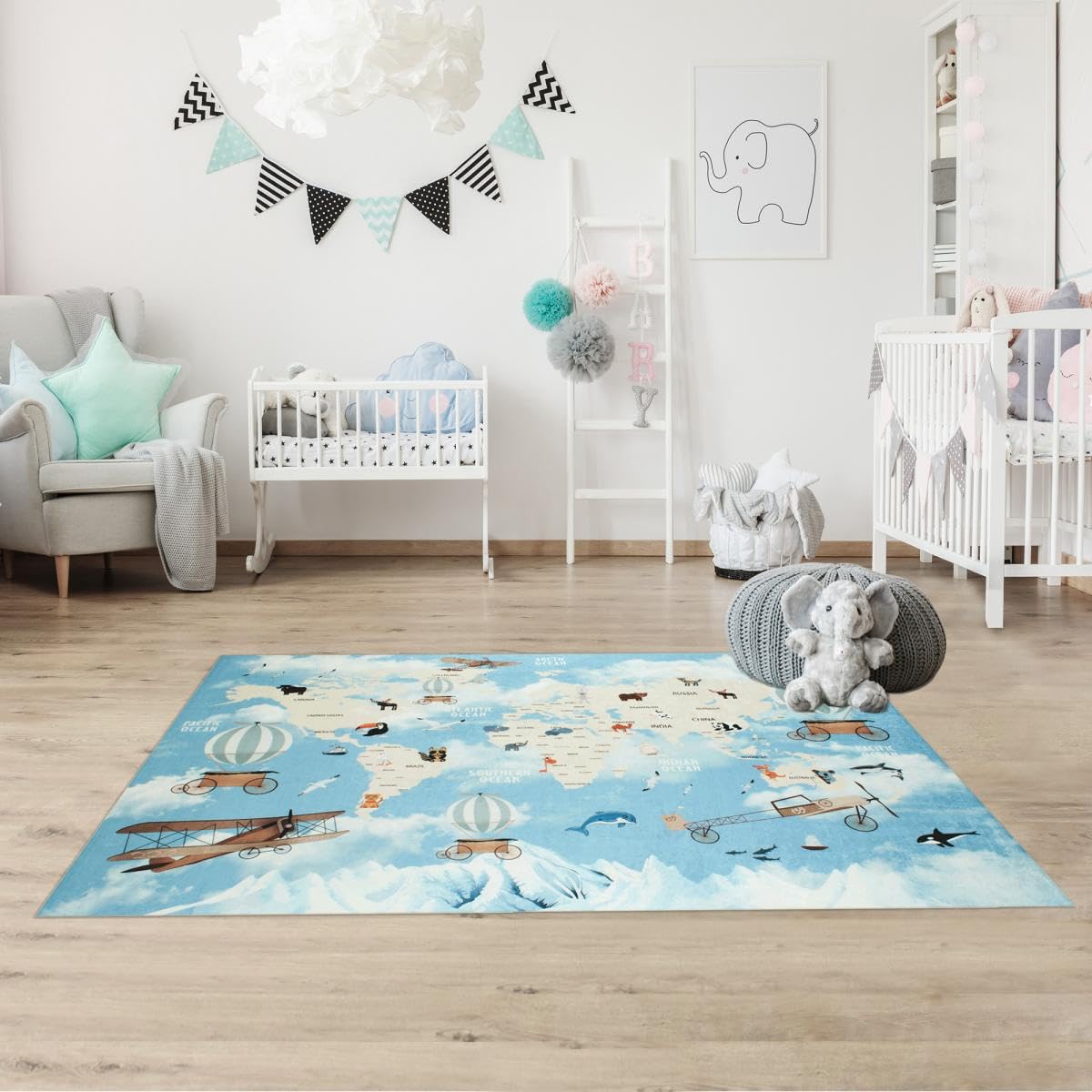 Alfombra infantil 80 x 150 cm, ideal como alfombra de dormitorio, alfombra azul para niños, alfombra de forma rectangular, 8174