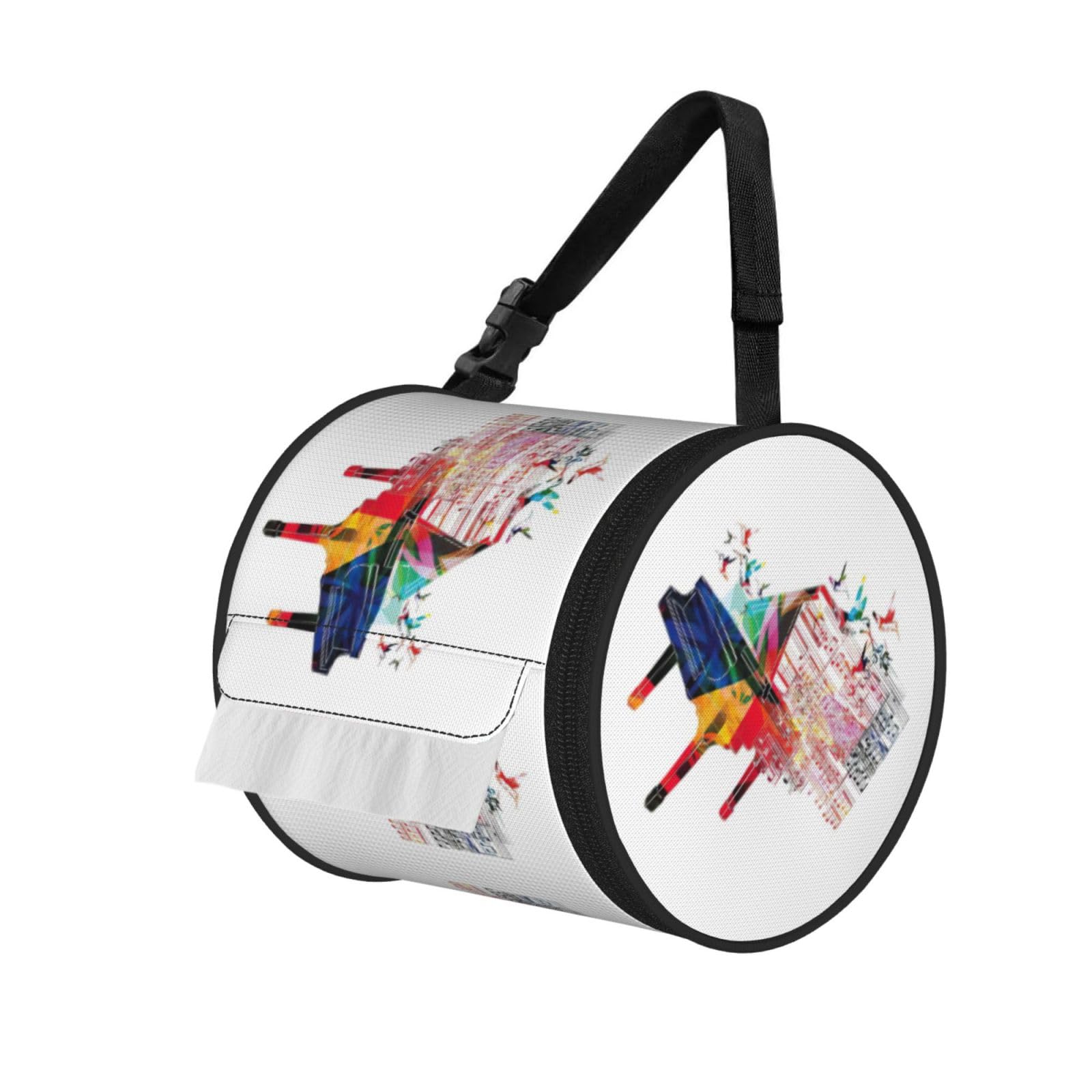 Jiuty Black Colorful Piano Keyboard Music Print Cylinder Tissue Organizer Bag With Strap, Portable Toilet Roll Holder For Camping Car