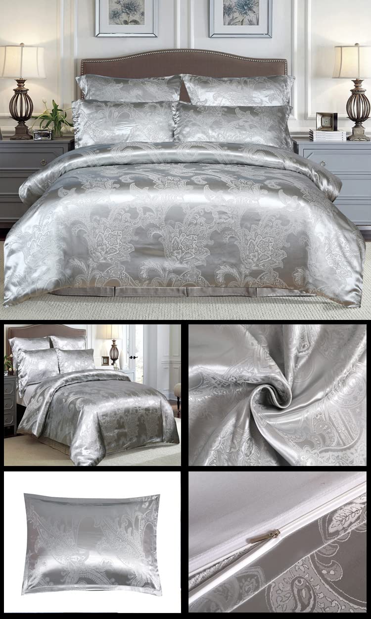 BEIRTY Comforter Set Satin Silk Blanket All Season Bed Comforter Queen Set Royal Silver Bedspread Luxury Jacquard Quilt Bedding Sets Matching 2 Pillow Shams (Queen, 3 Pieces)