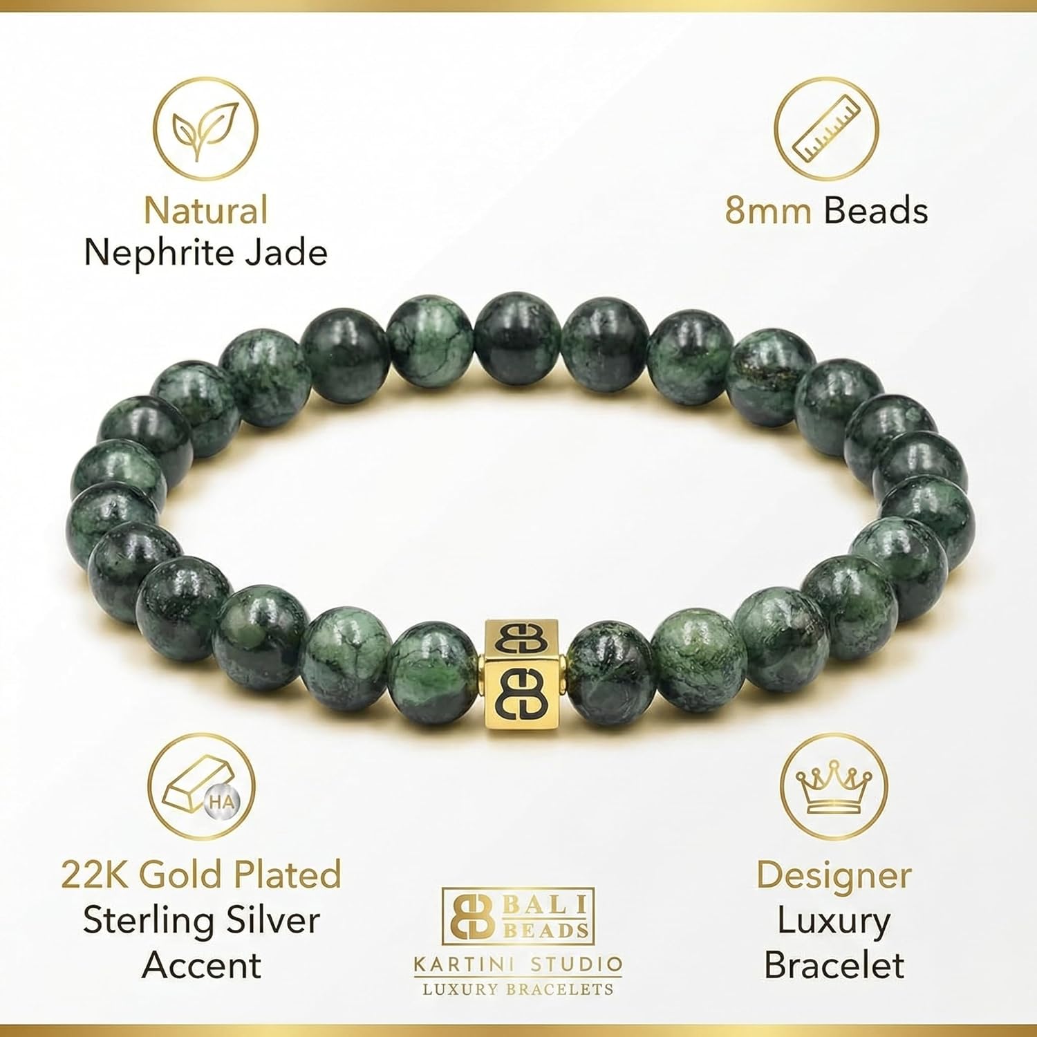 Kartini Studio Dark Green Jade and 22 Karat Gold Bracelet, Men's Jade Bracelet, Quality Bead Jewelry for Man