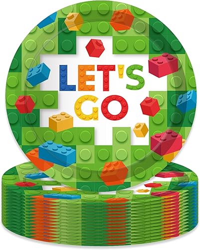 OXYLIPO Bloques de construcción de 9 pulgadas, platos de papel para celebrar fiestas, vajilla redonda desechable, juego de platos de papel para