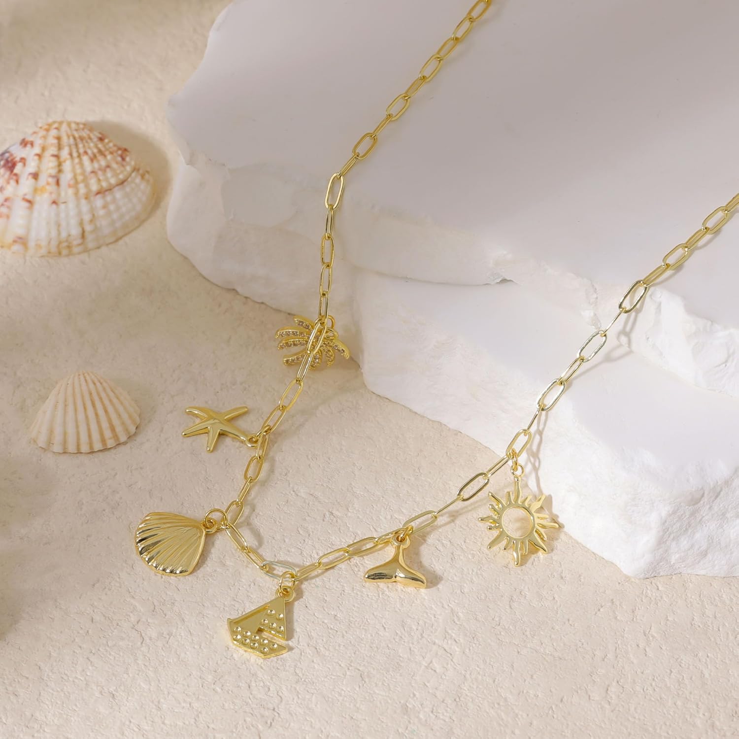 Charm Necklace for Women,Dainty 14K Gold Plated Starfish Seashell Necklace Simple Gold Beach Necklaces for Women Trendy Beach Jewelry - Image 5