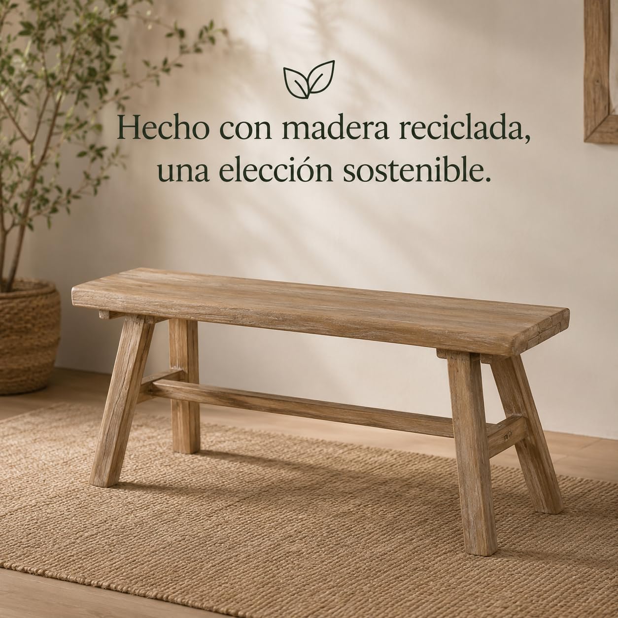 Banco Madera Maciza de Estilo WABI Sabi-Banqueta de Madera Envejecida con Diseño Rústico-Asiento de Madera Natural para Recibidor, Salón, Dormitorio, Comedor y Pasillo 100x32x41cm XZ-24895