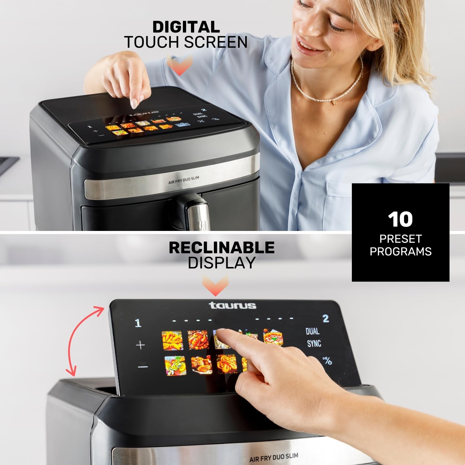 Taurus Friteuse sans huile Duo Slim | 13 L | 14 personnes | 2 paniers | Cuit 2 assiettes en même temps | 10 programmes | Minuterie 90 min | Compact | Écran tactile numérique