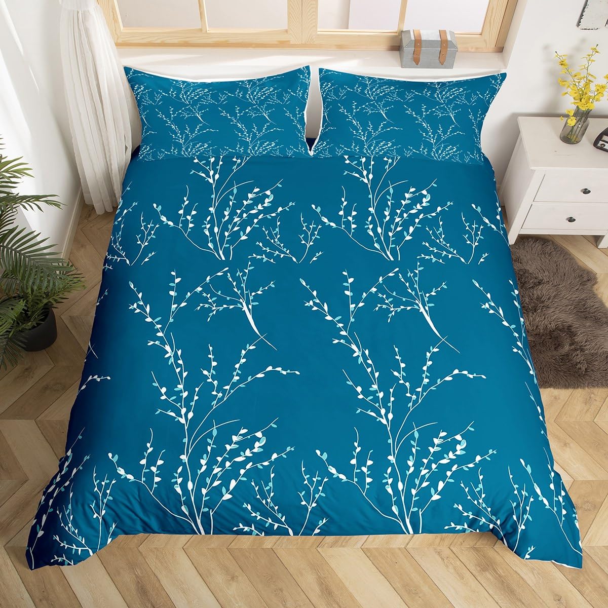 Bedluxy Teal Blue, Plum Blossom Teal Blue Bedding Duvet Cover Set Reversible Flower Plum Blossom Bedding Set For Kids Decor Branches Comforter Cover Set Microfiber Bedspread Cover Bedroom Bedclothes King