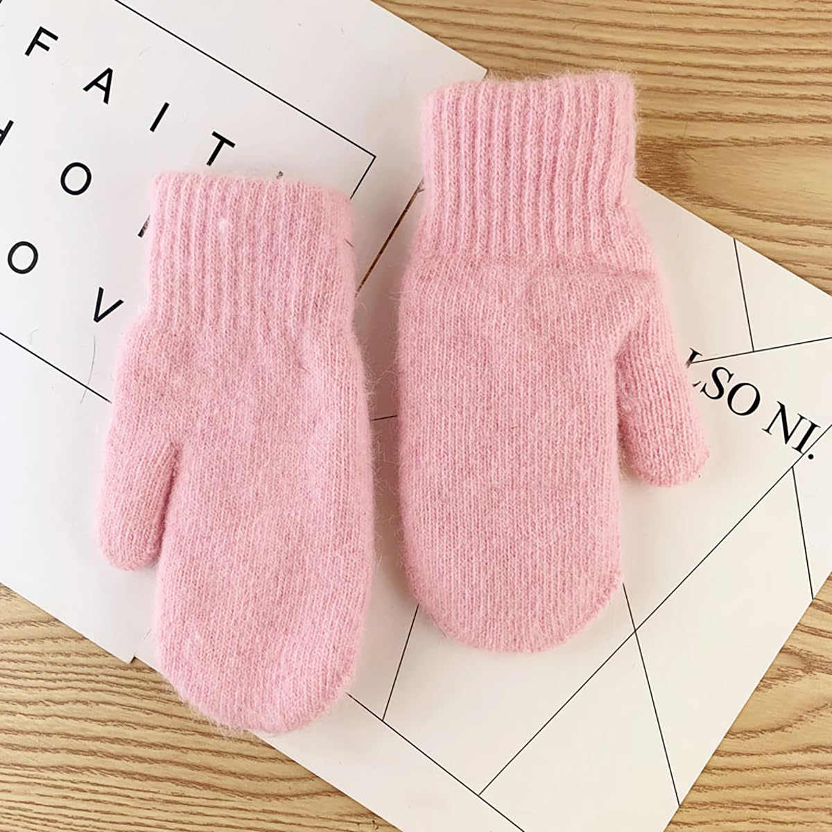 ECYC Ltd Unisex Winter Warm Wool Knit Mittens Soft Knitted Mittens Double Thickened Cold Weather Mittens Gloves for Women Mens, Pink