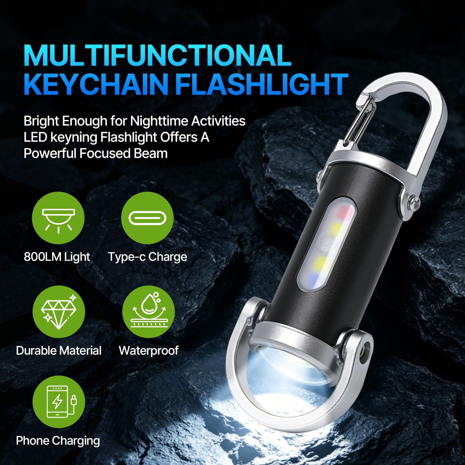 Torcia tascabile ricaricabile luminosa con portachiavi, 1200LM, mini portachiavi super luminoso con power bank per esterni, mini torcia LED super luminosa, torcia impermeabile - 4