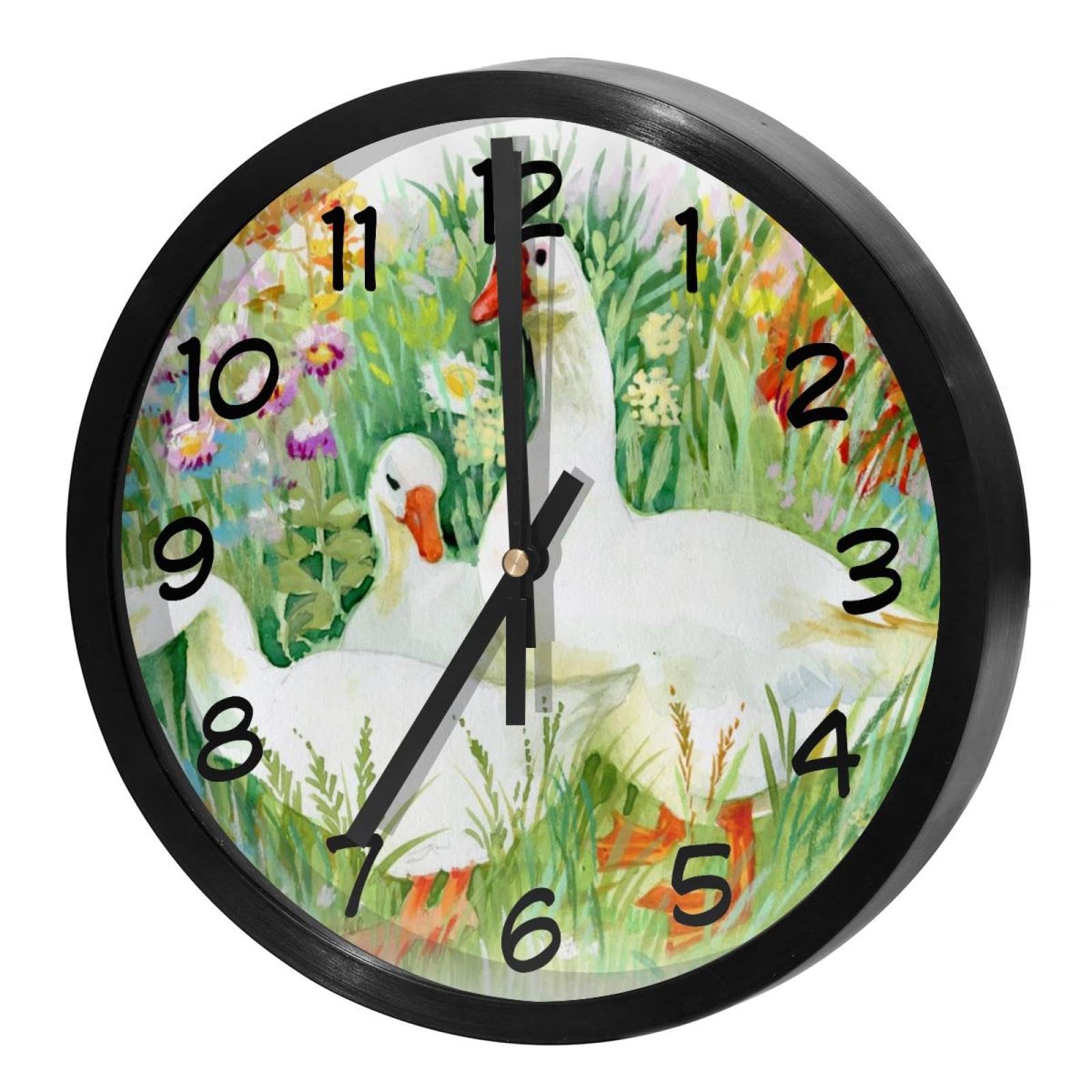 Horloge murale à piles ronde sans tic-tac aquarelle oie de ferme pour école et bureau