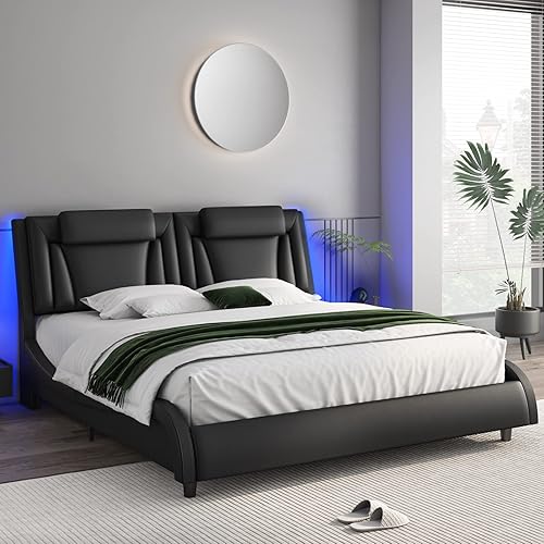 Miniatura 3 de Keyluv Armazón de cama moderno tapizado con plataforma con cabecera LED ajustable y diseño de curva ondulada y soporte de listones de madera sólida,